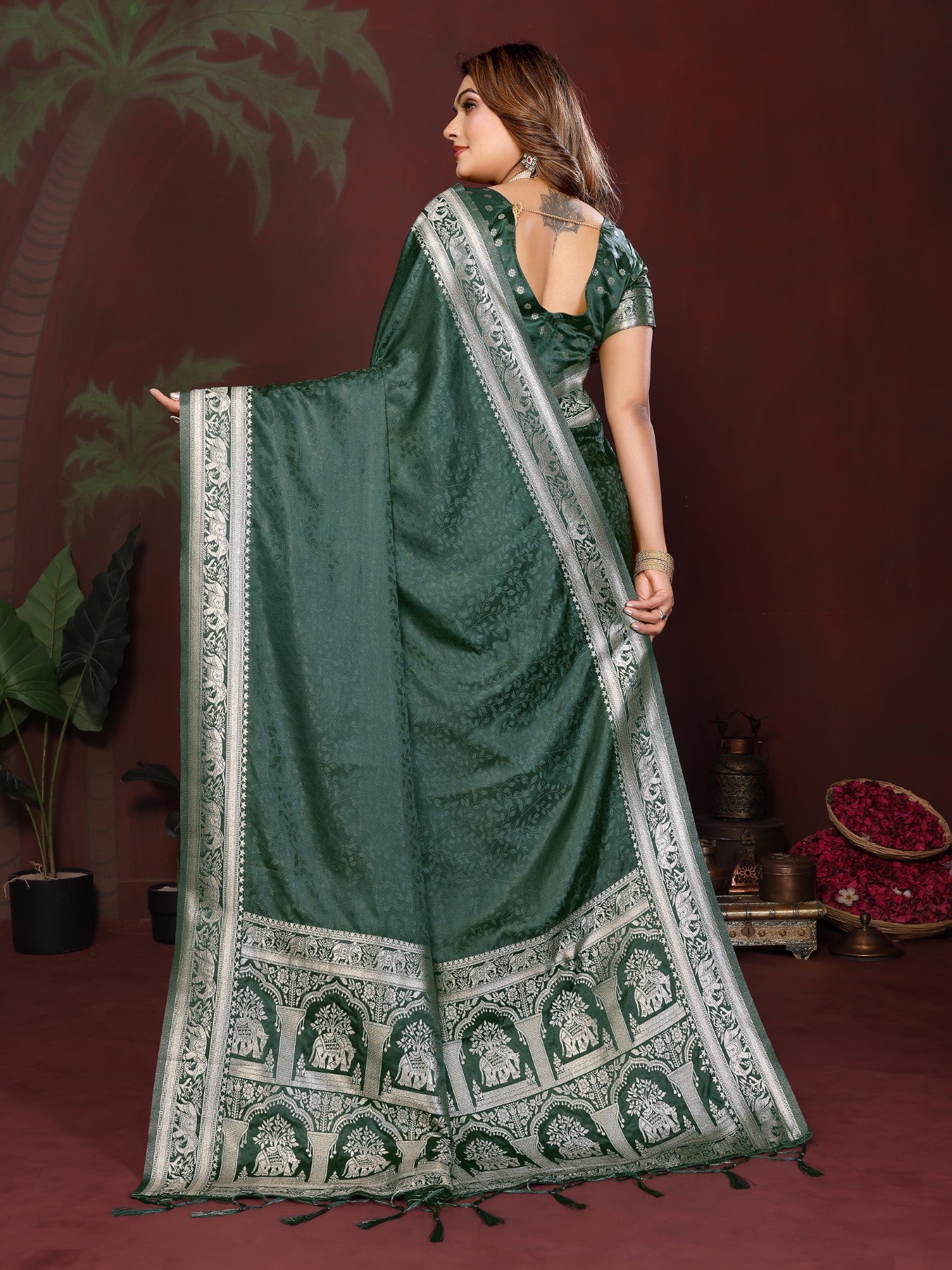 Green Soft Satin Silk Saree With Zari Weaving