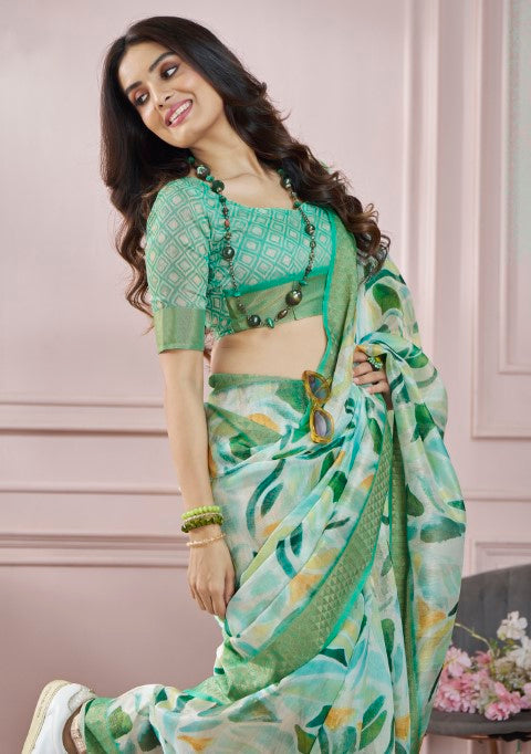 Green Soft Silk Saree With  Printed