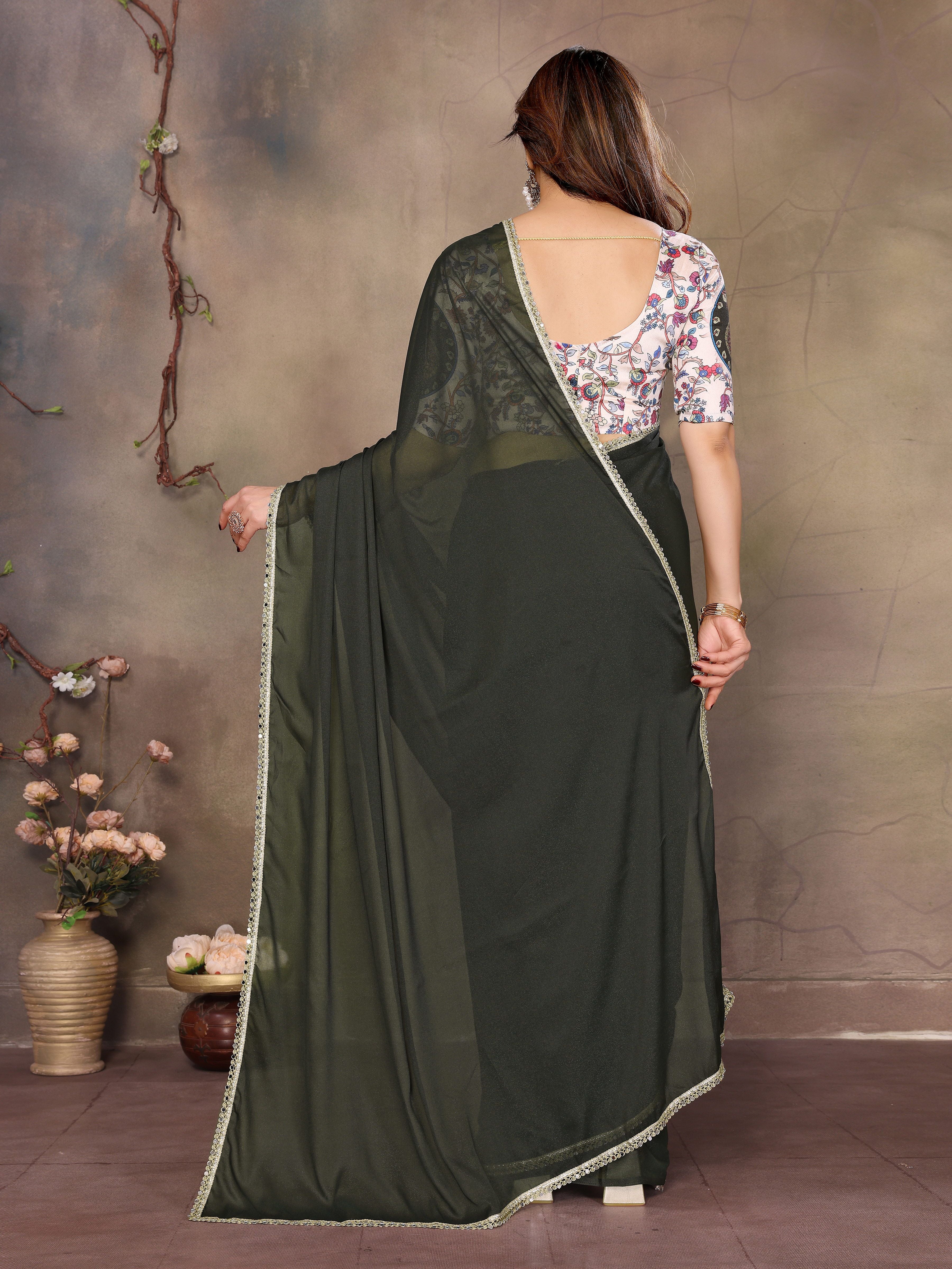 Green Solid Fancy Ethnic Saree For Ceremonial Girlie Looks