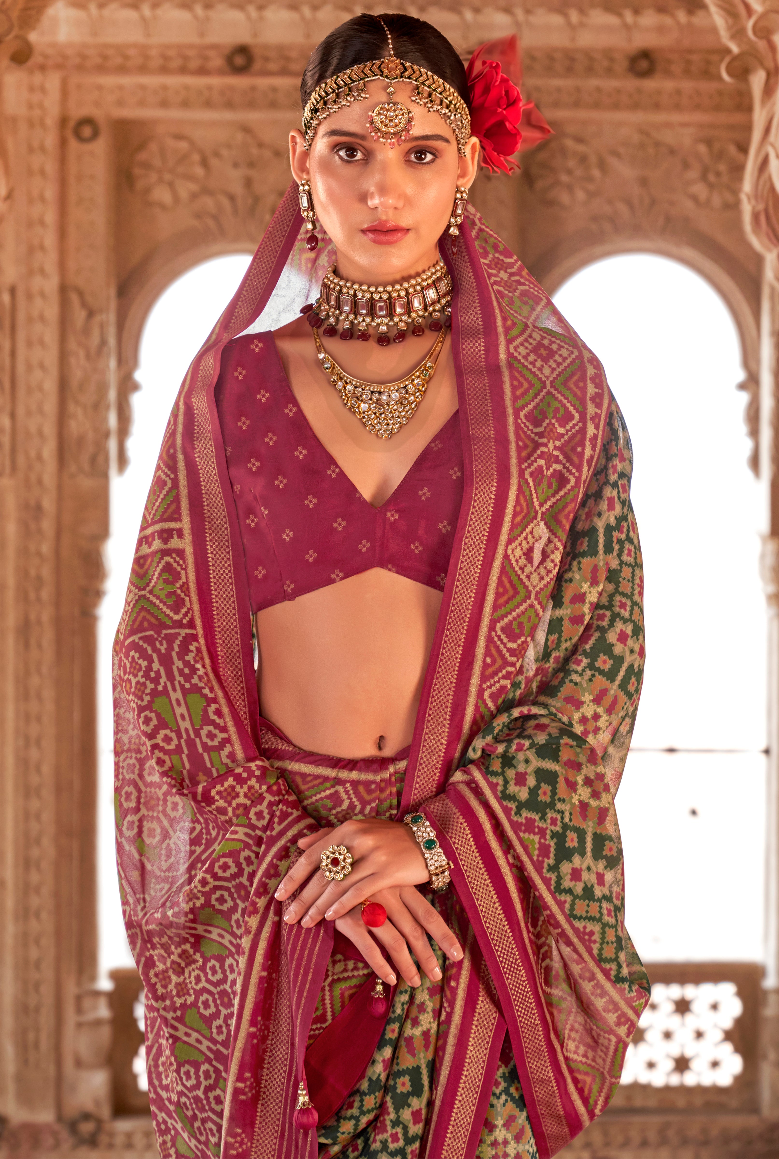 Green Super Georgette Saree With  Patola Print