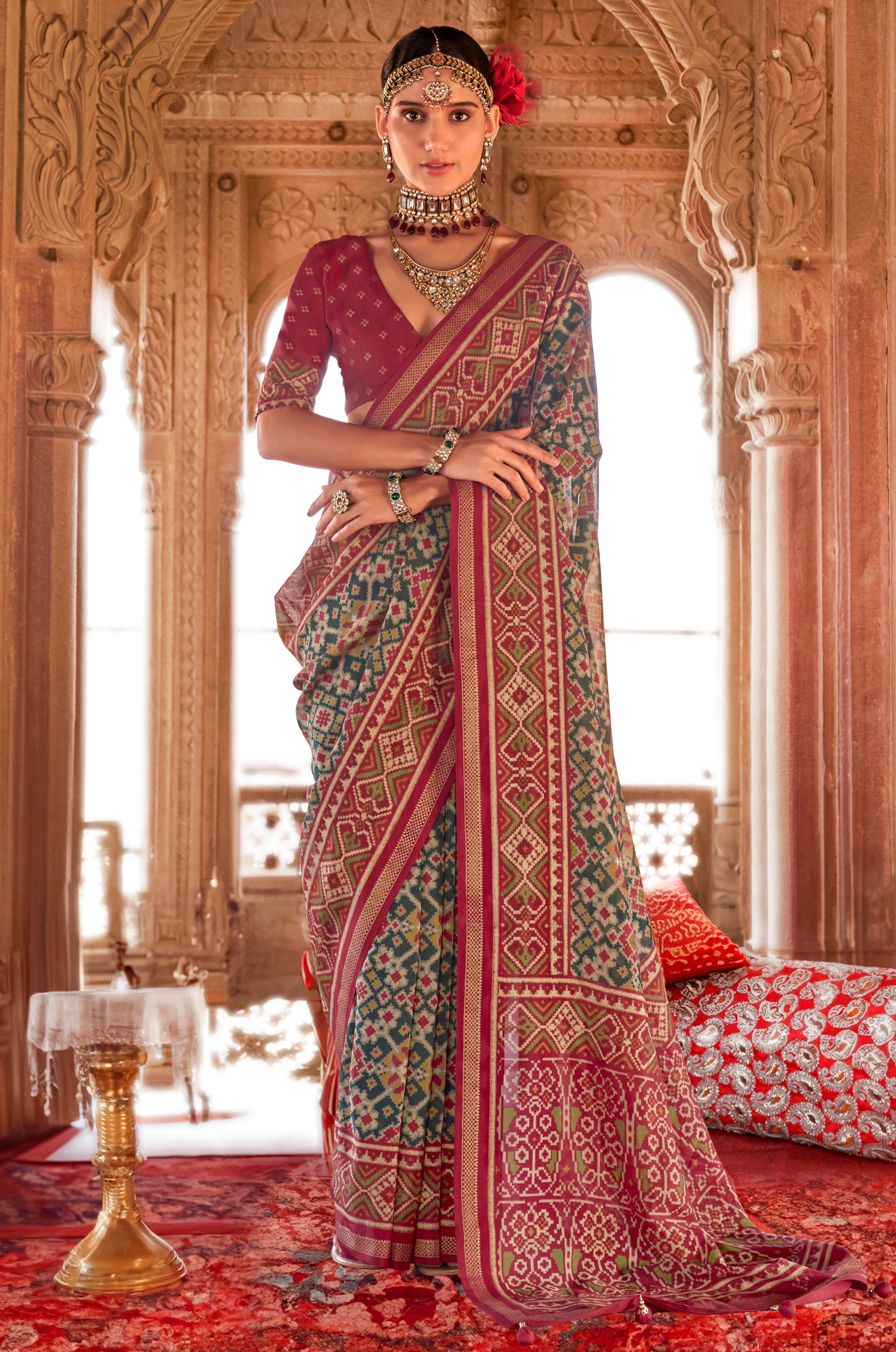 Green Super Georgette Saree With  Patola Print