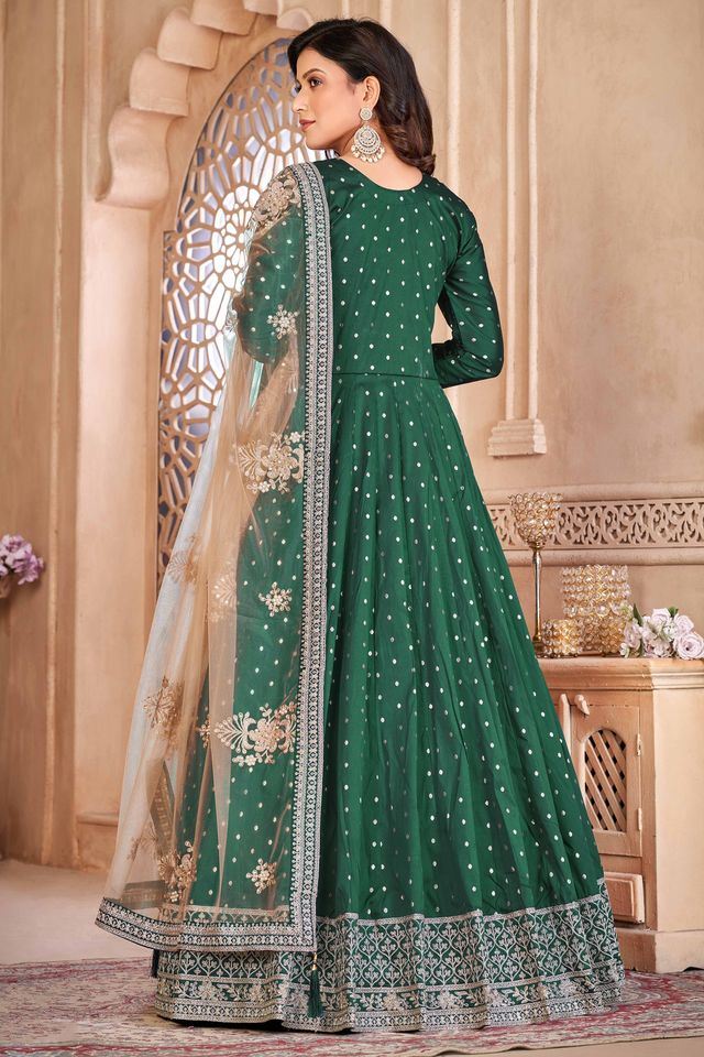 Green Taffeta Butti Heavy Thread Embroidery Sequins Work  Anarkali Suits