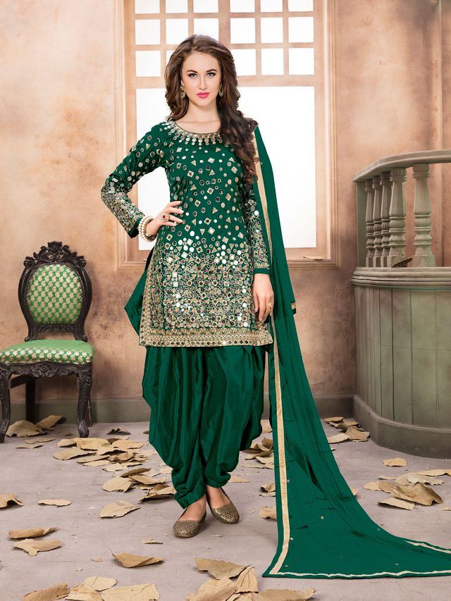 Green Taffeta Silk embroidered  Patiala  Suits