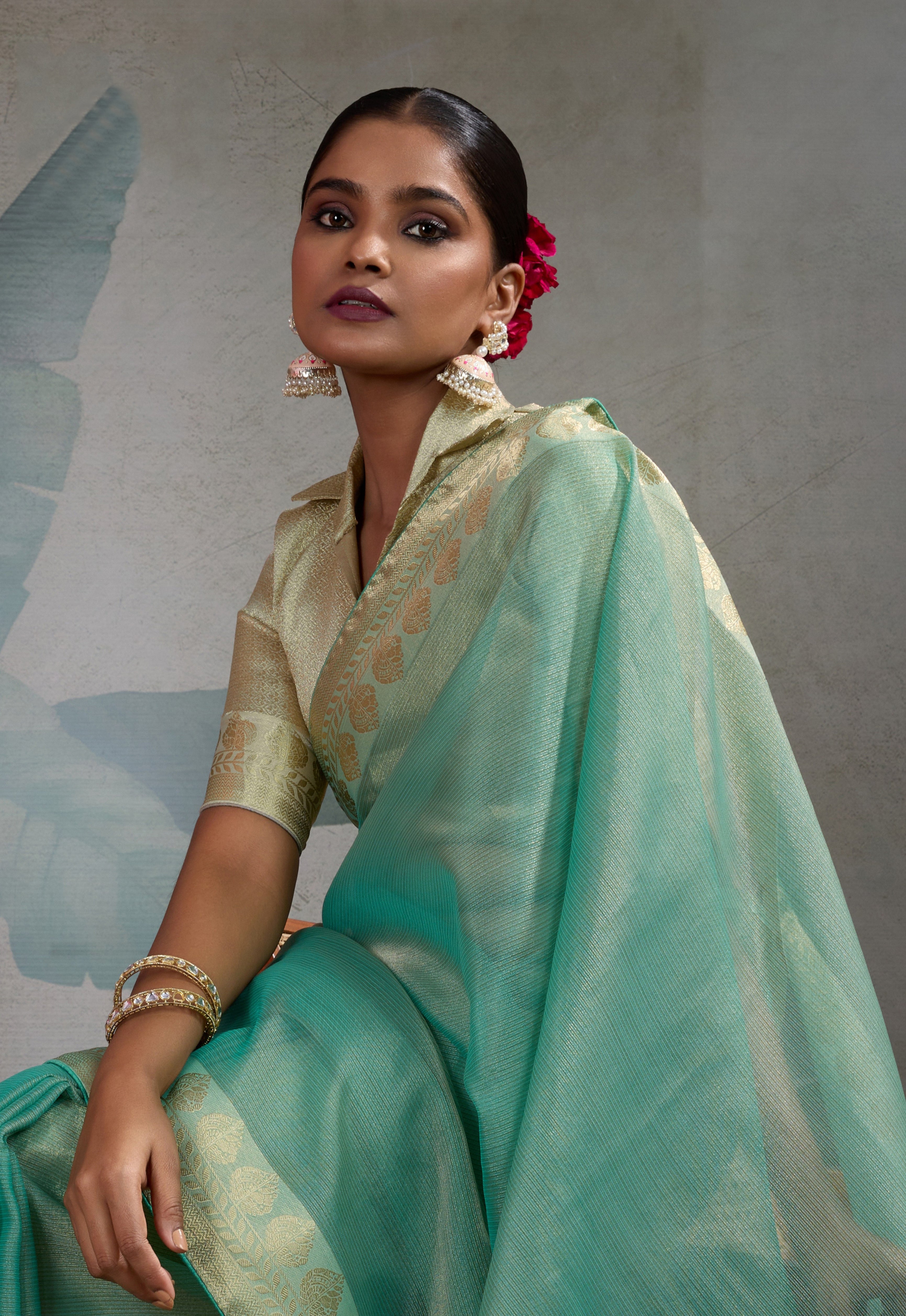 Green Tissue Saree with Woven Patta Work