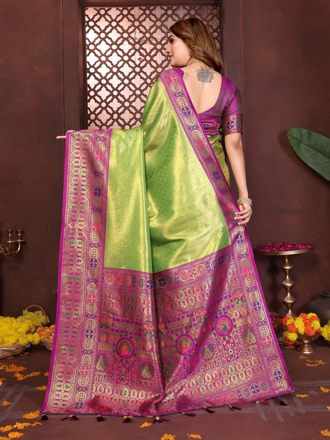 Green Tissue Silk Saree With Classic Weaving