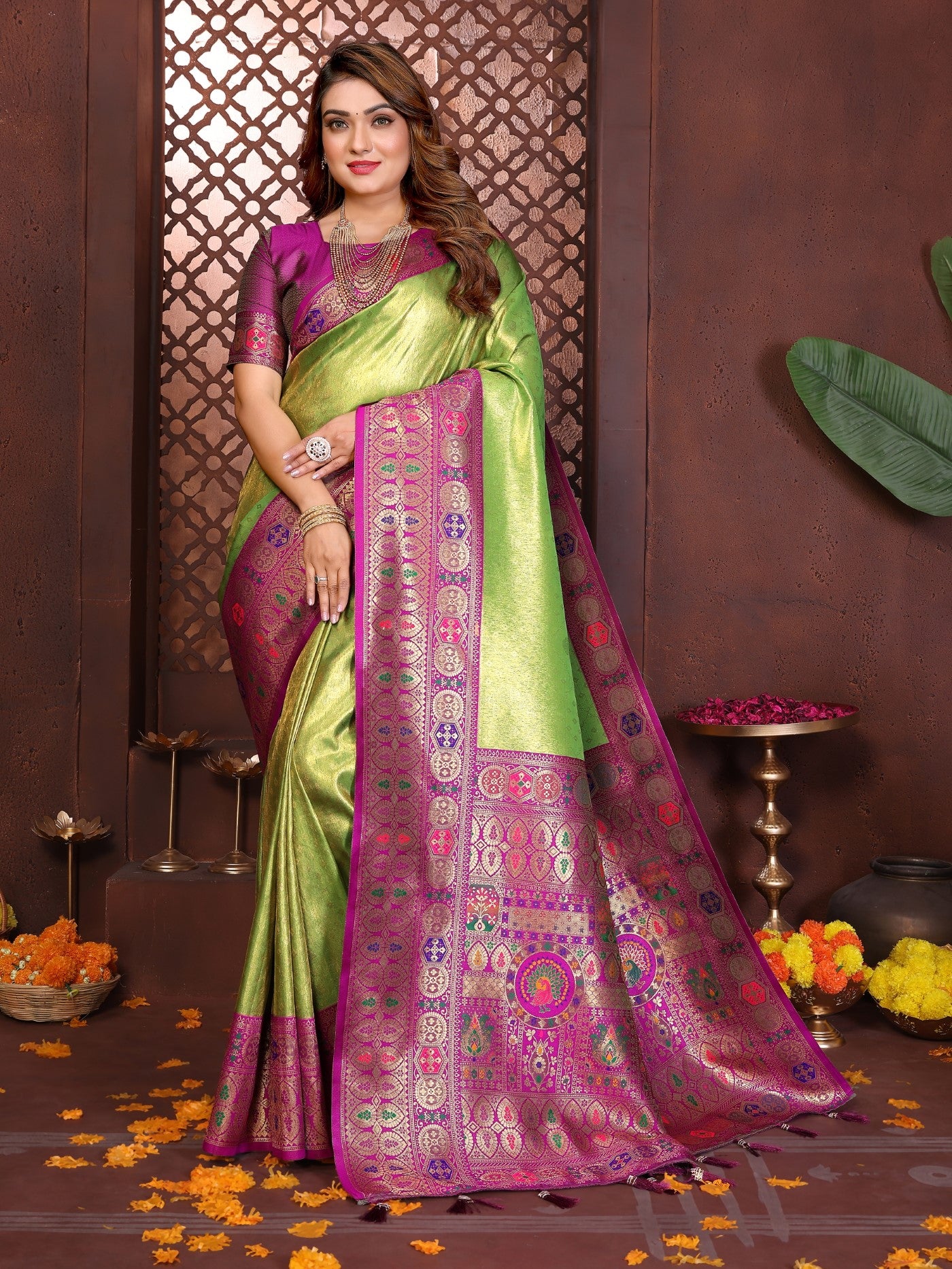 Green Tissue Silk Saree With Classic Weaving