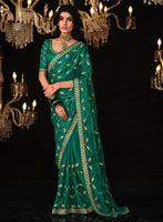 Green Tissue Silk Saree With  Heavy Thread and Zari Embroidered Work