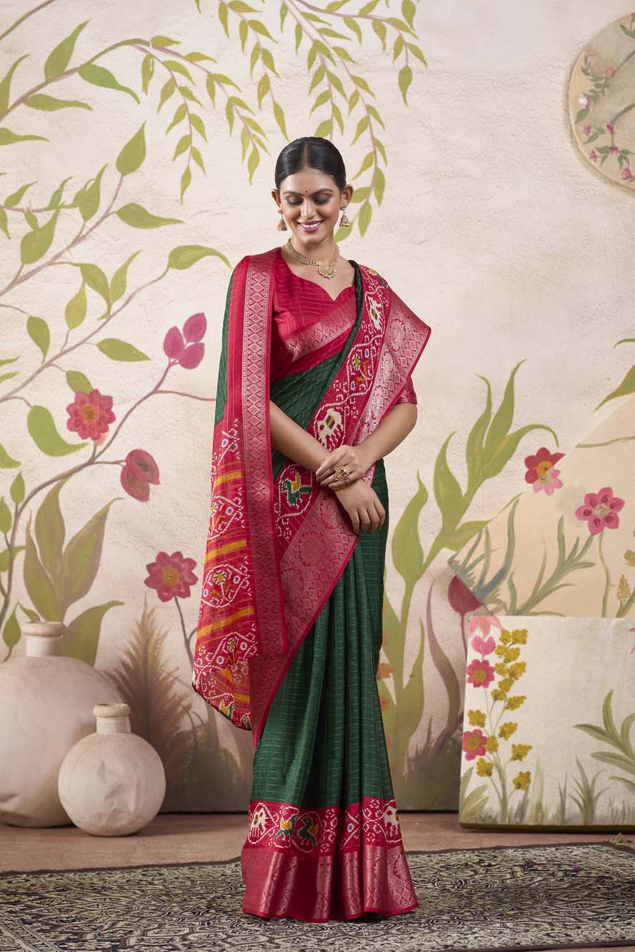 Green Tussar Chex Saree with Patola Print & Weaving Border