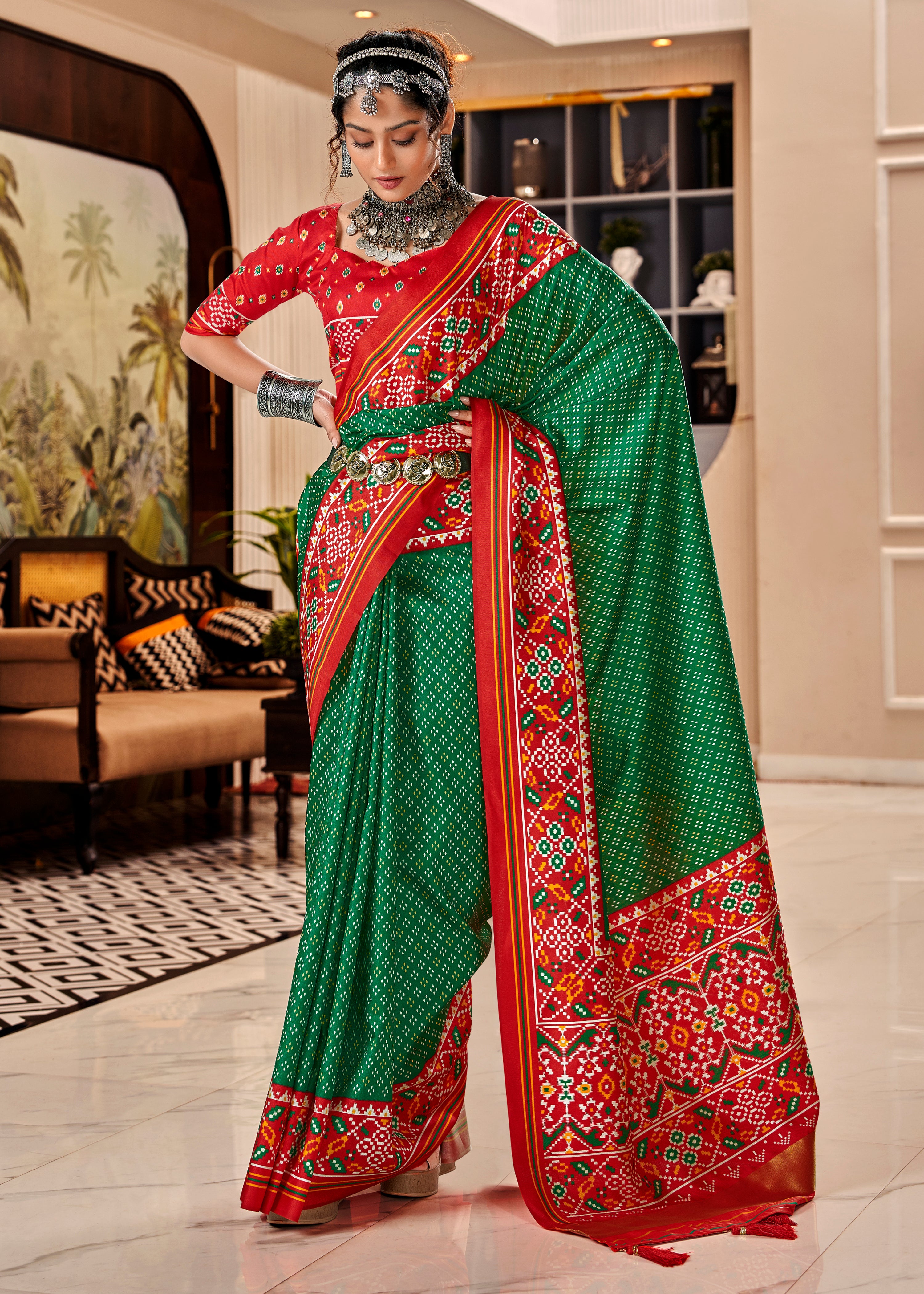 Green Tussar Silk Saree With  Patola Digital Print with Lagadi Patta Pallu