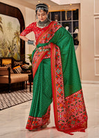 Green Tussar Silk Saree With  Patola Digital Print with Lagadi Patta Pallu
