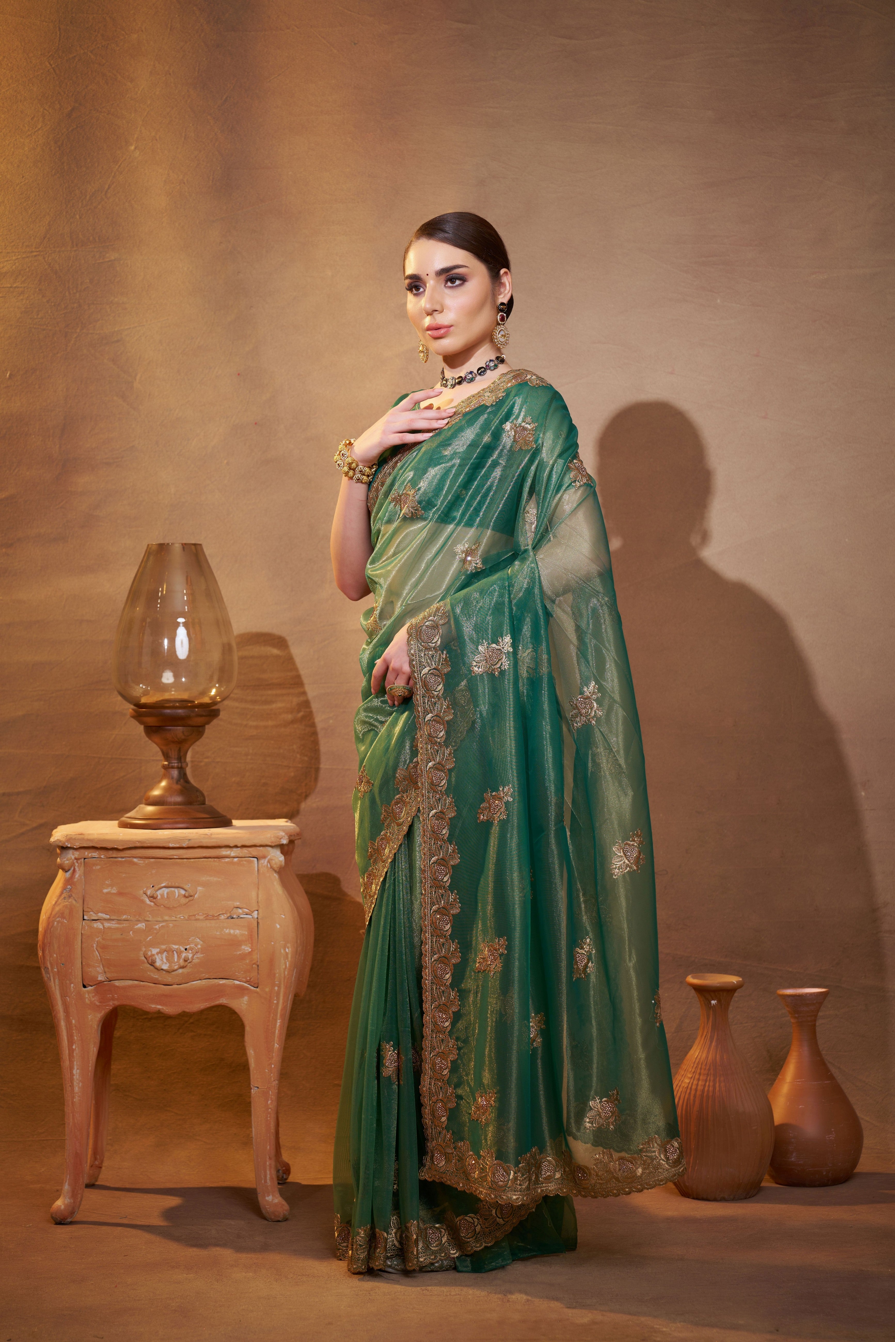 Green Vichitra Silk Designer Embroidery Work Partywear Saree