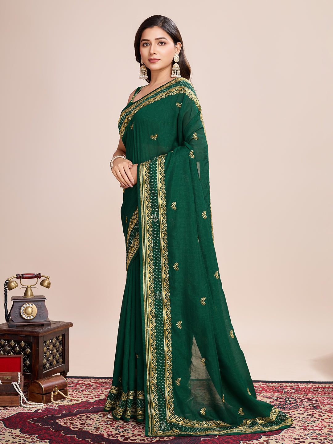 Green Vichitra Silk Girlie Looks Designer Embroidery Work Wedding Season Saree