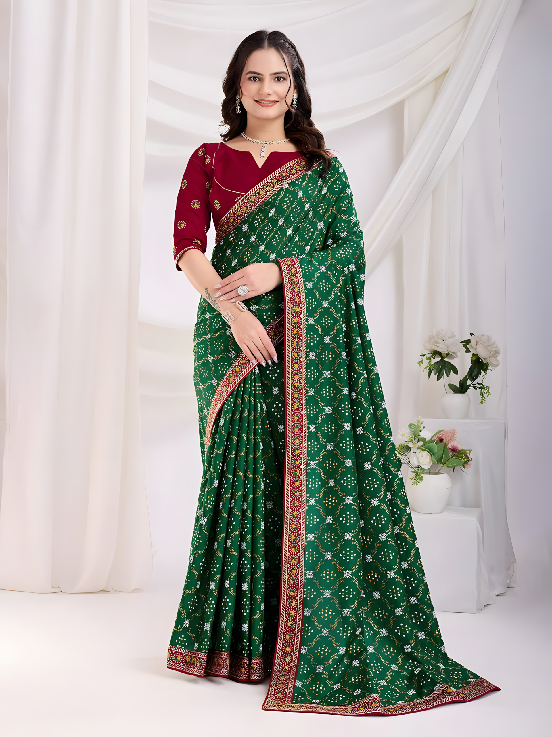Green  Vichitra silk  Saree with Golden Foil  bandhani print with embroidery work lace Work