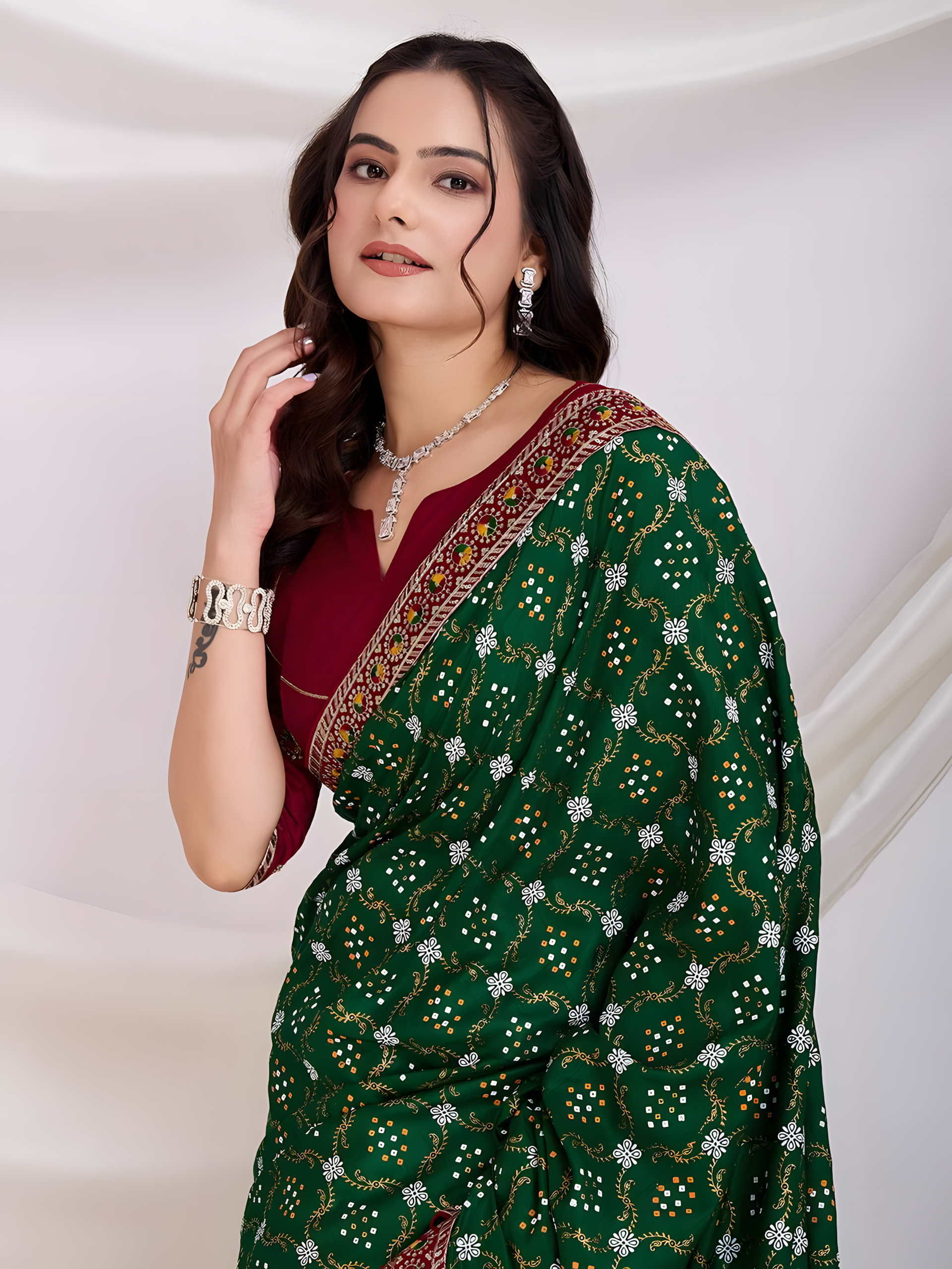Green  Vichitra silk  Saree with Golden Foil  bandhani print with embroidery work lace Work