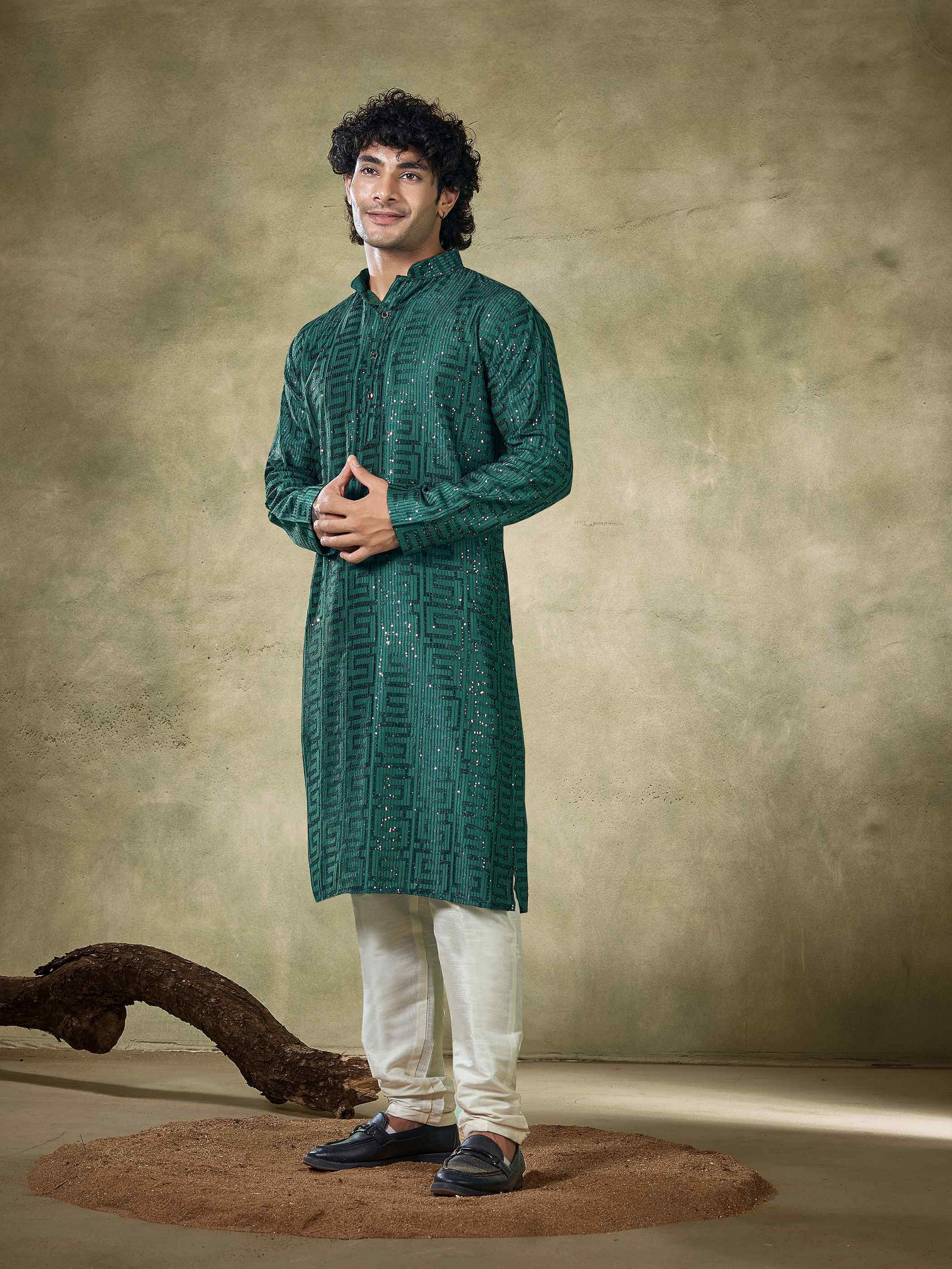 Green Viscose Kurta Payjama with Sequins Embroidery – Stylish Ethnic Look