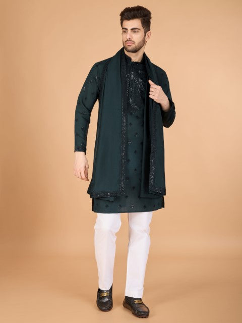 Green Viscose Silk Ethnic Kurta with Dupatta for Ceremonial Look