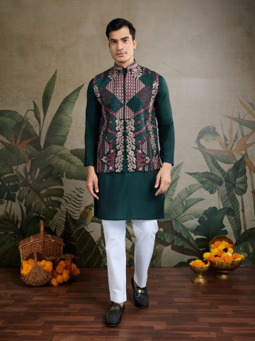 Green Viscose Silk Kurta with Swarovski Embroidery & Jacket