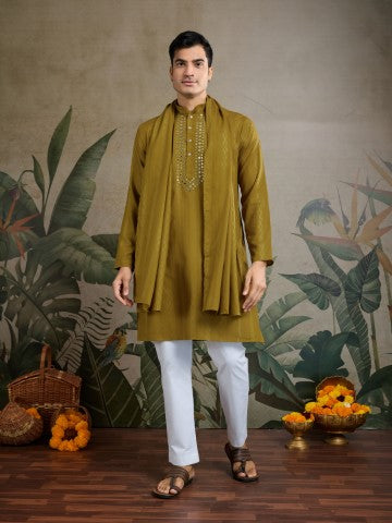 Green Viscose Silk Kurta with Traditional Dupatta