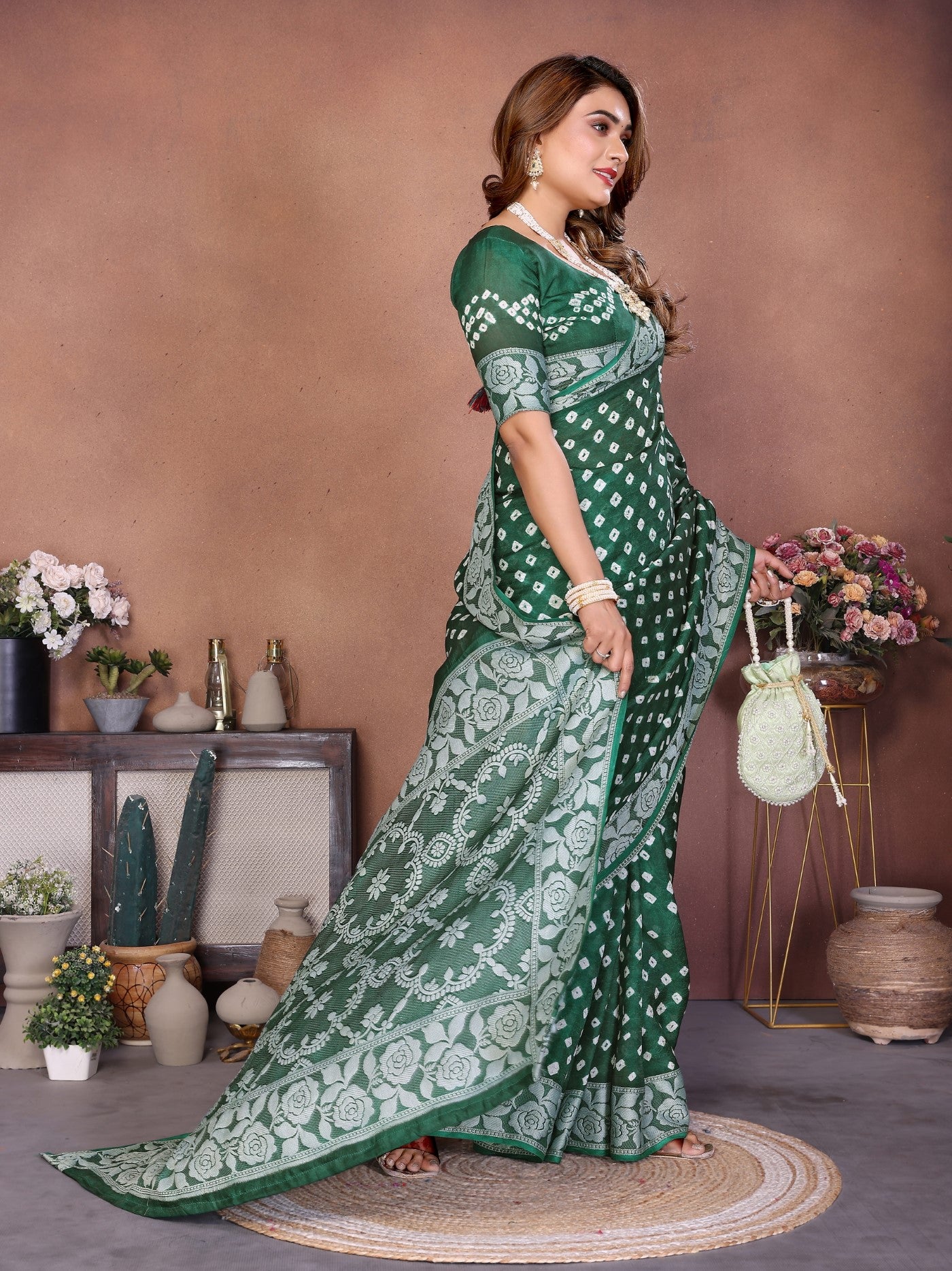 Green Viscose Silk Saree With Handmade Original Bandhej