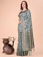 Green Woven Jacquard Designer With Floral Printed Cotton Ceremonial Saree