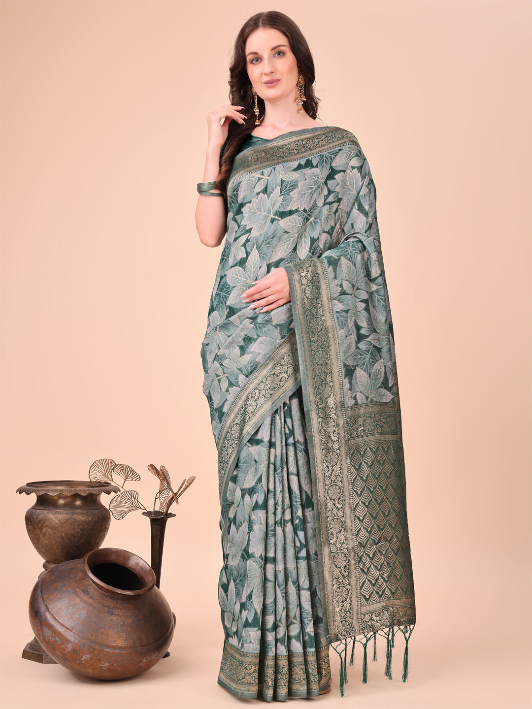 Green Woven Jacquard Designer With Floral Printed Cotton Ceremonial Saree