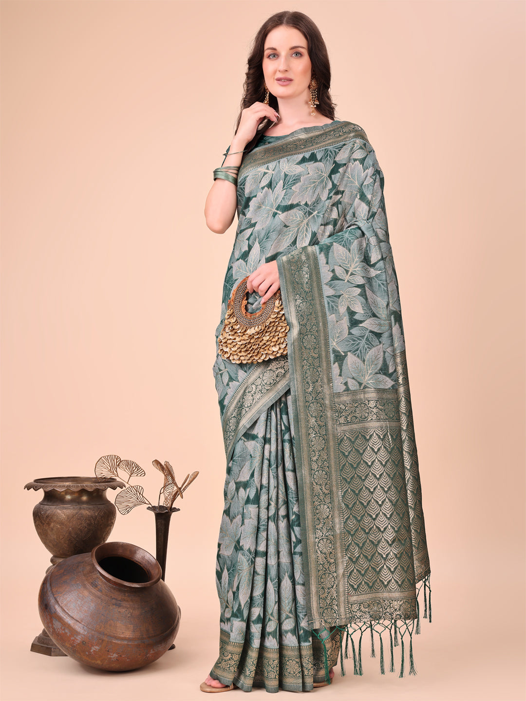 Green Woven Jacquard Designer With Floral Printed Cotton Ceremonial Saree