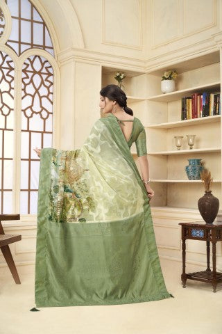 Green Woven Jacquard Designer With Printed Rich Silk Stylish Ceremonial Saree
