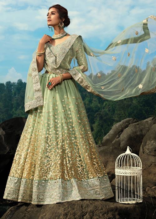 Green Zari Worked Soft Net Wedding Wear Lehenga Choli
