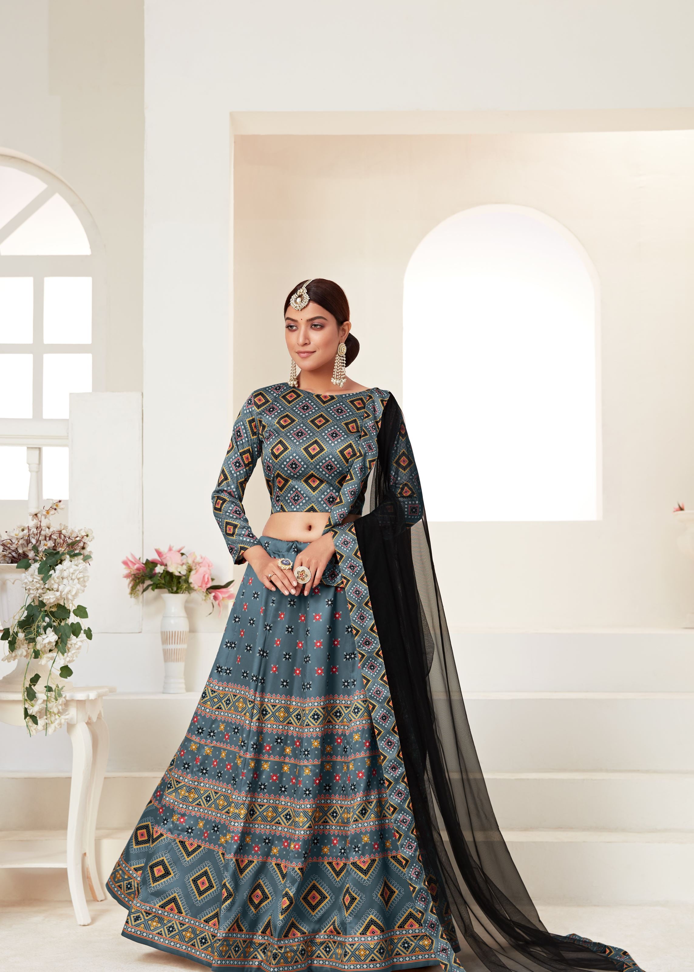 Grey Ajmeri Silk Lehenga Choli With Digital Print