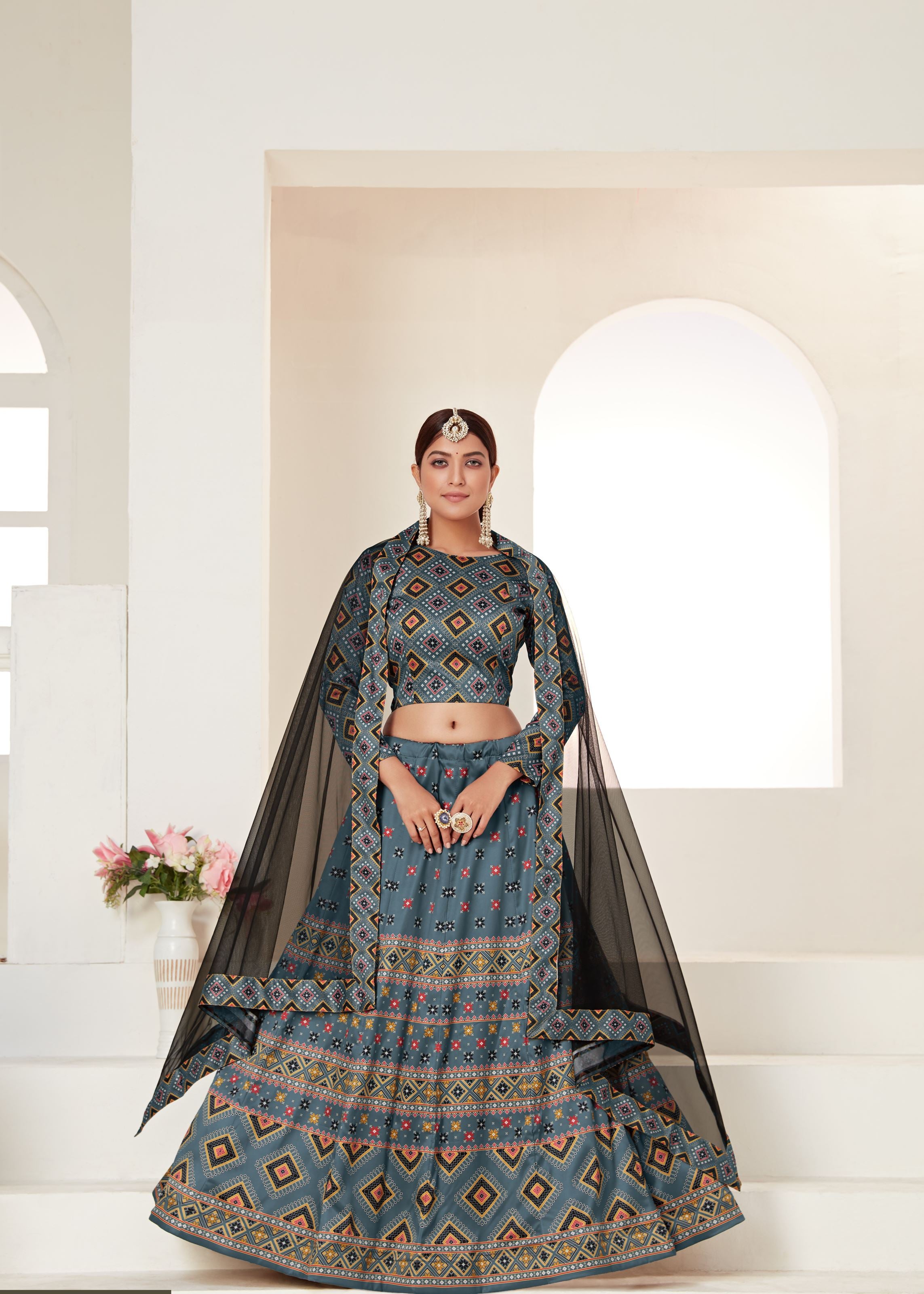 Grey Ajmeri Silk Lehenga Choli With Digital Print
