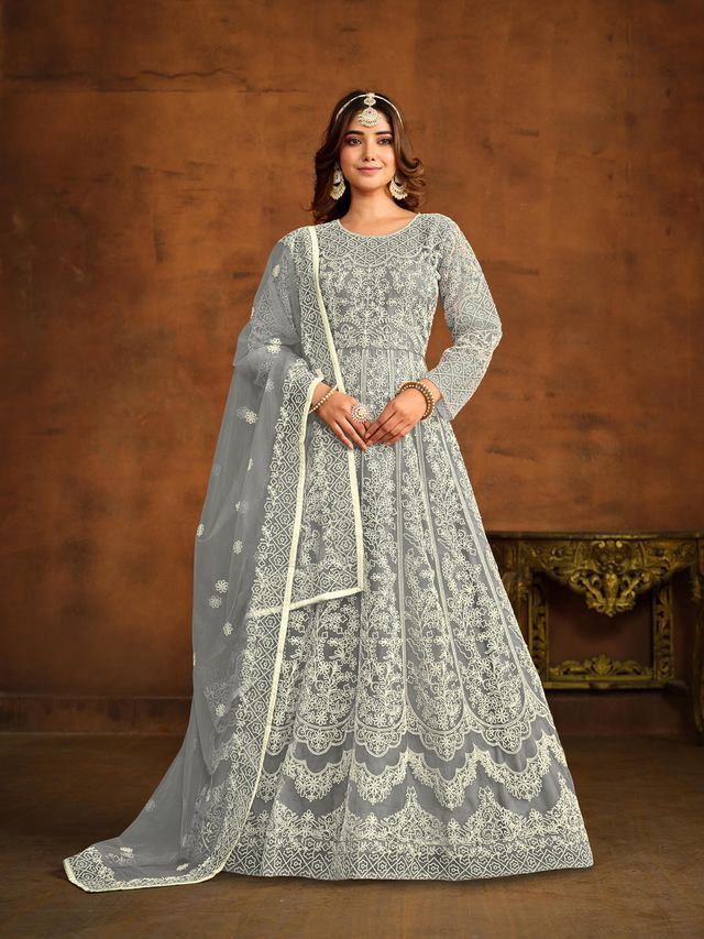 Grey Anarkali Suit With Heavy Thread Embroidery Work
