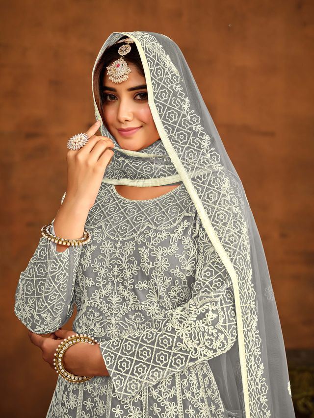 Grey Anarkali Suit With Heavy Thread Embroidery Work