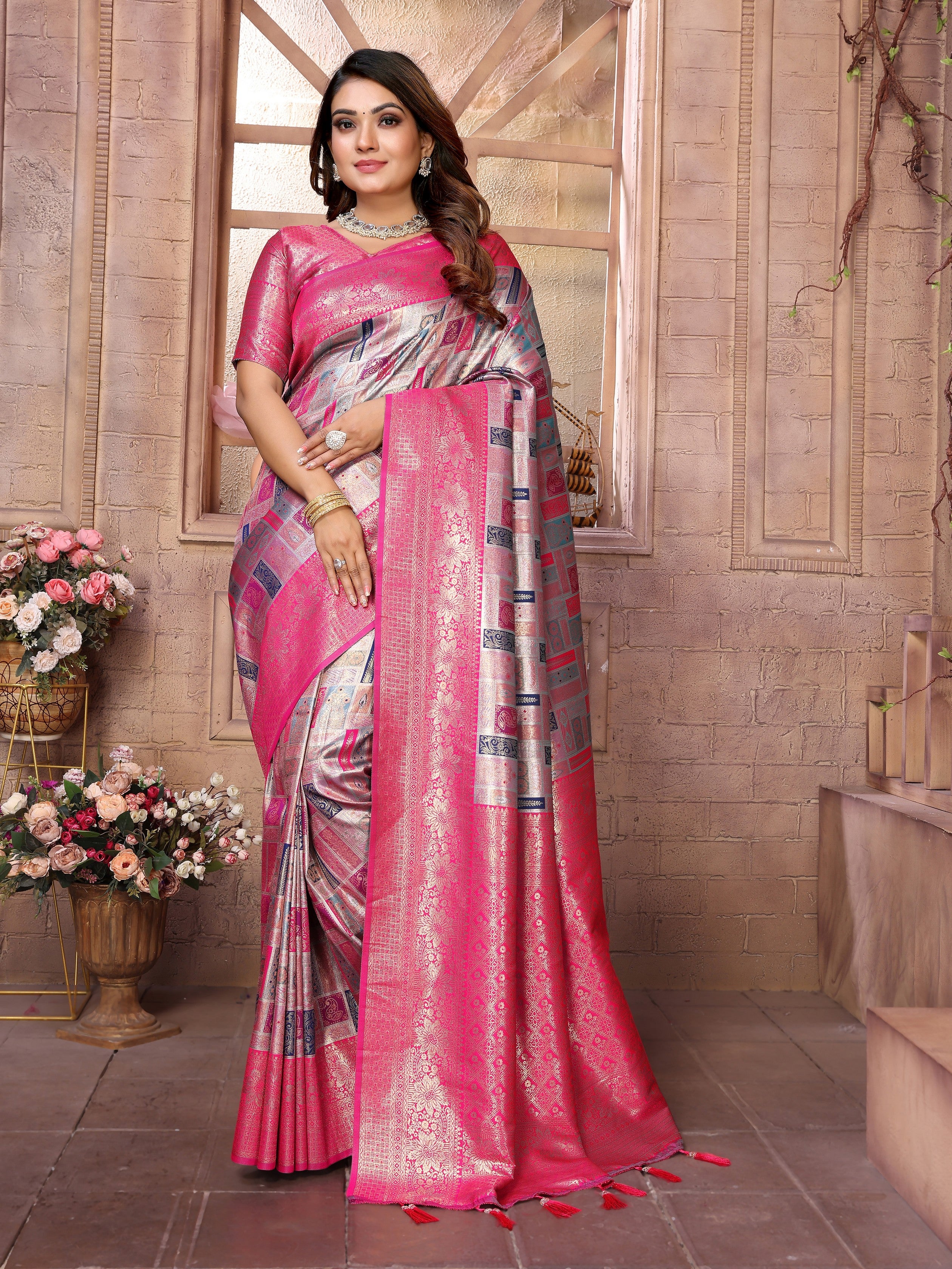 Grey Banarasi Chaturi Silk Ethnic Saree With Chaturi Woven Designer Work