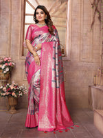 Grey Banarasi Chaturi Silk Ethnic Saree With Chaturi Woven Designer Work