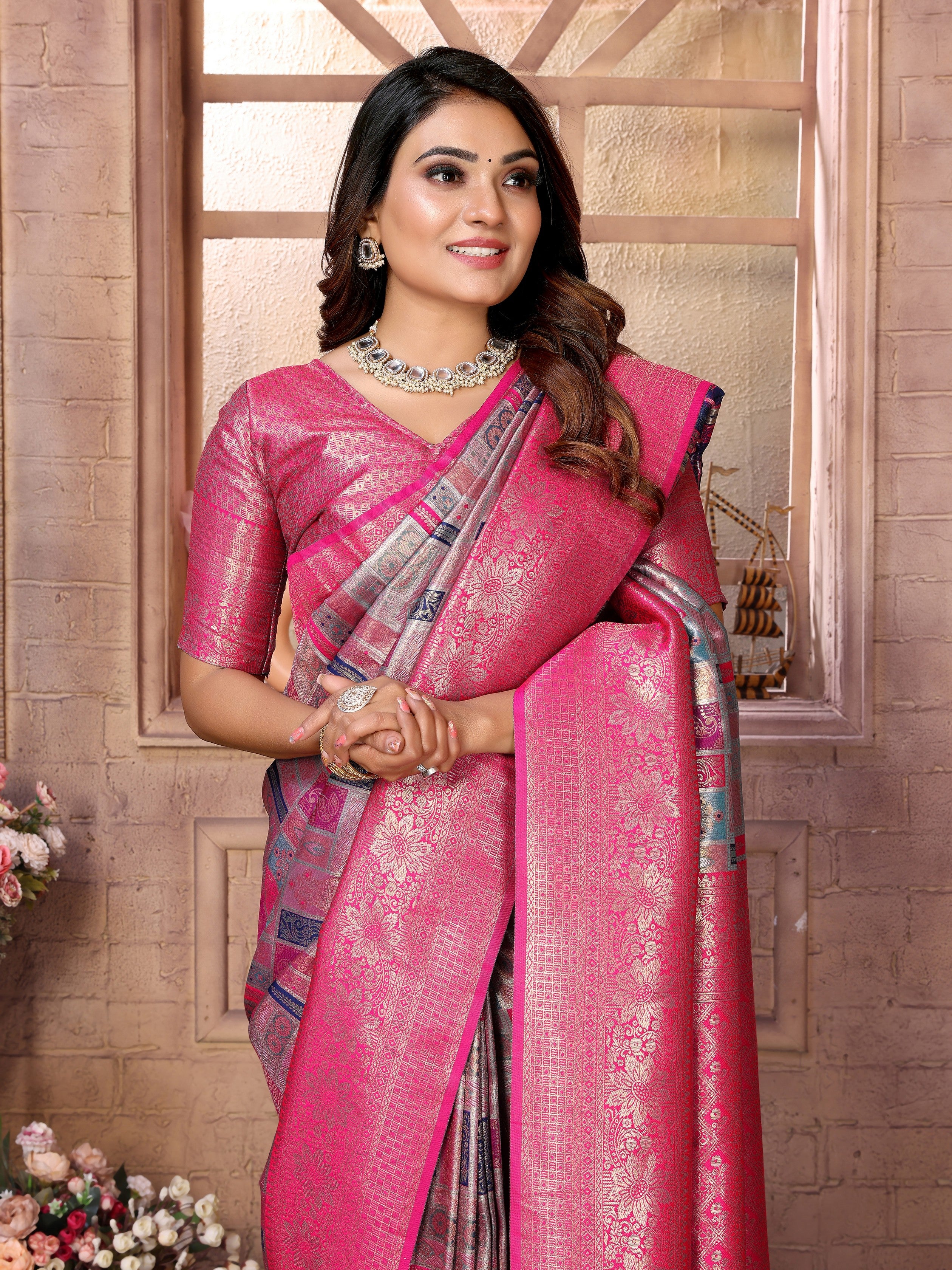 Grey Banarasi Chaturi Silk Ethnic Saree With Chaturi Woven Designer Work