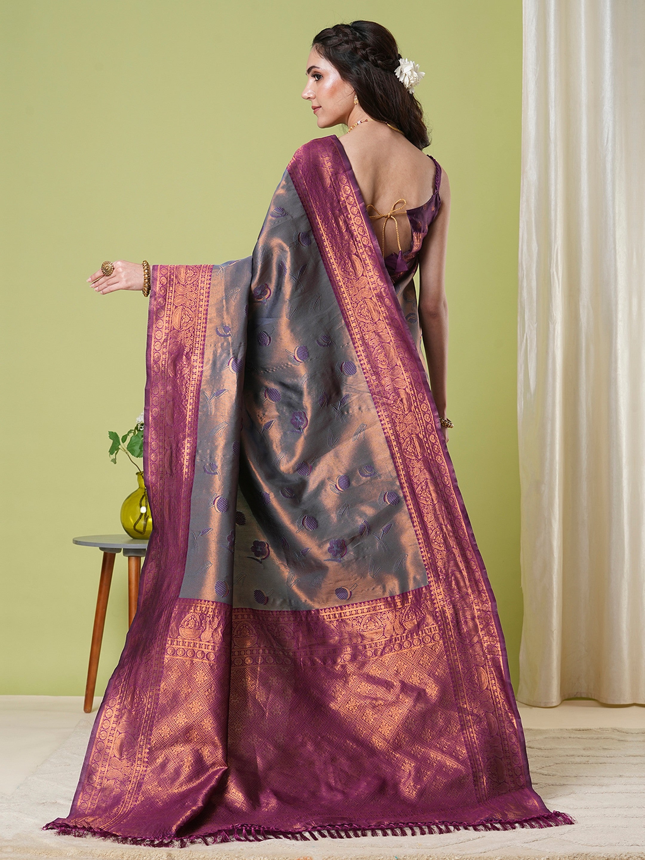 Grey Banarasi Silk Saree With Beautiful Jacquard Designer Work