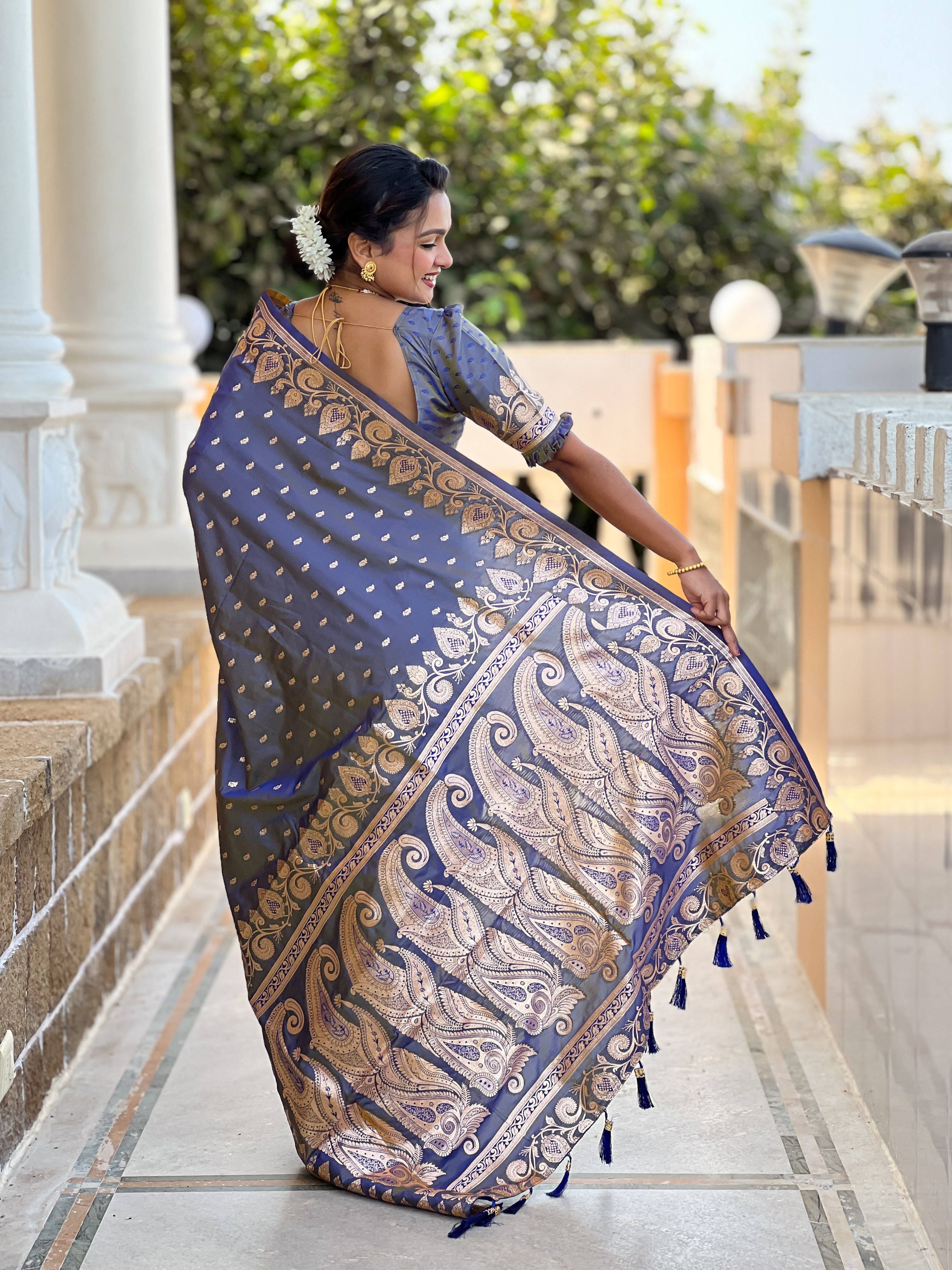 Grey Banarasi Silk Saree With Woven Jacquard Designer Partywear Saree