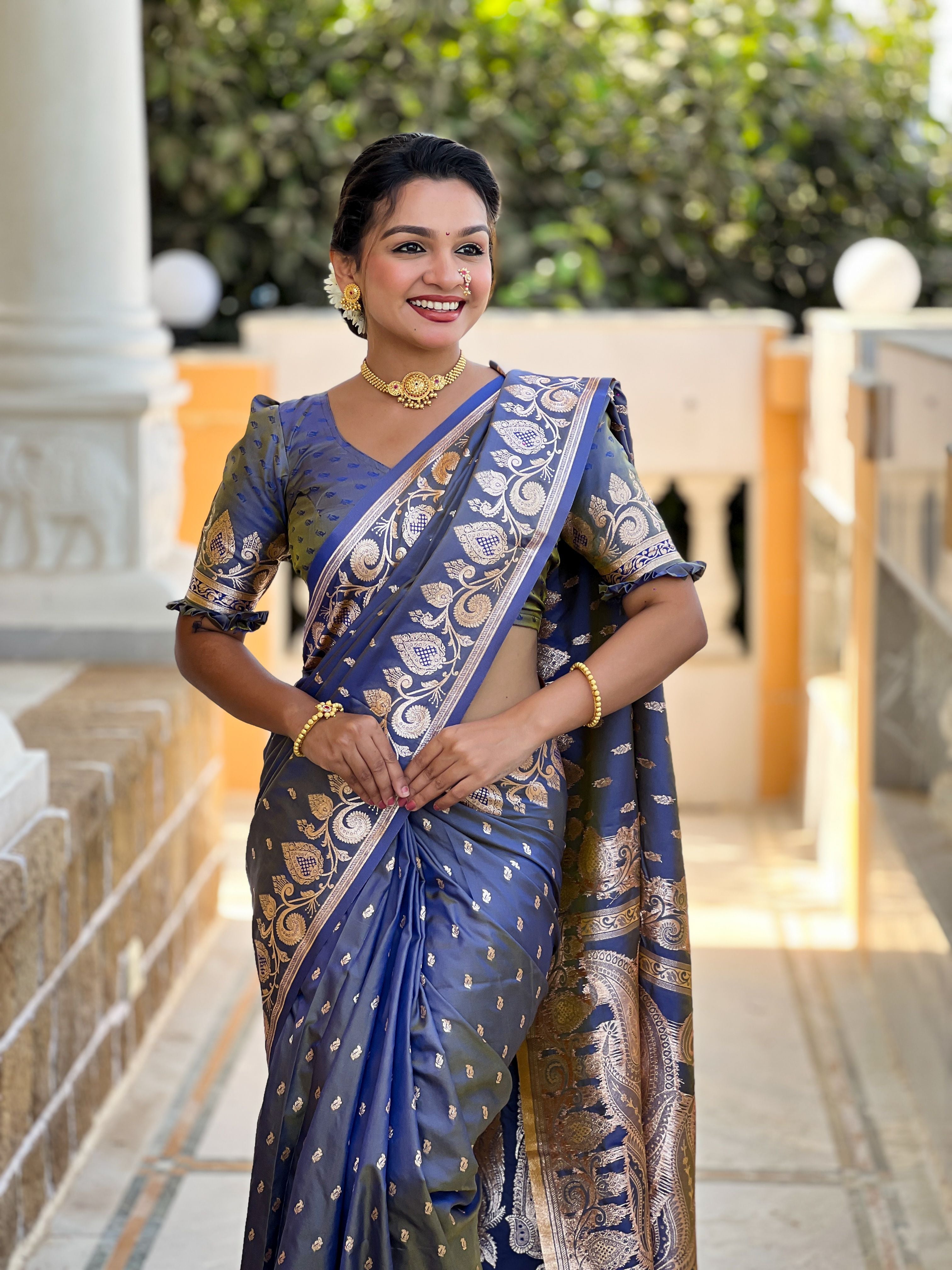 Grey Banarasi Silk Saree With Woven Jacquard Designer Partywear Saree