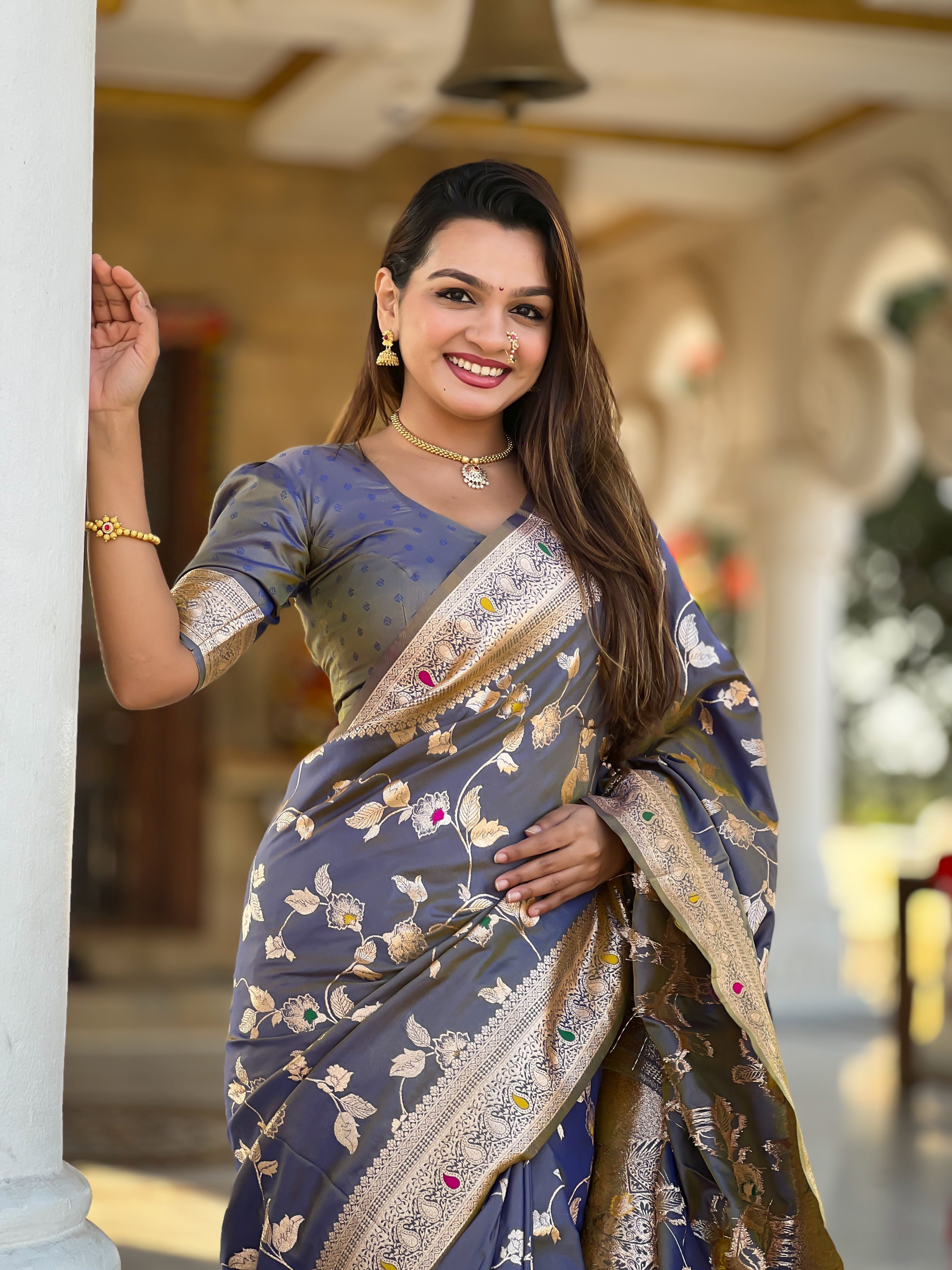 Grey Banarasi Silk Woven Jacquard Designer Ceremonial Partywear Saree