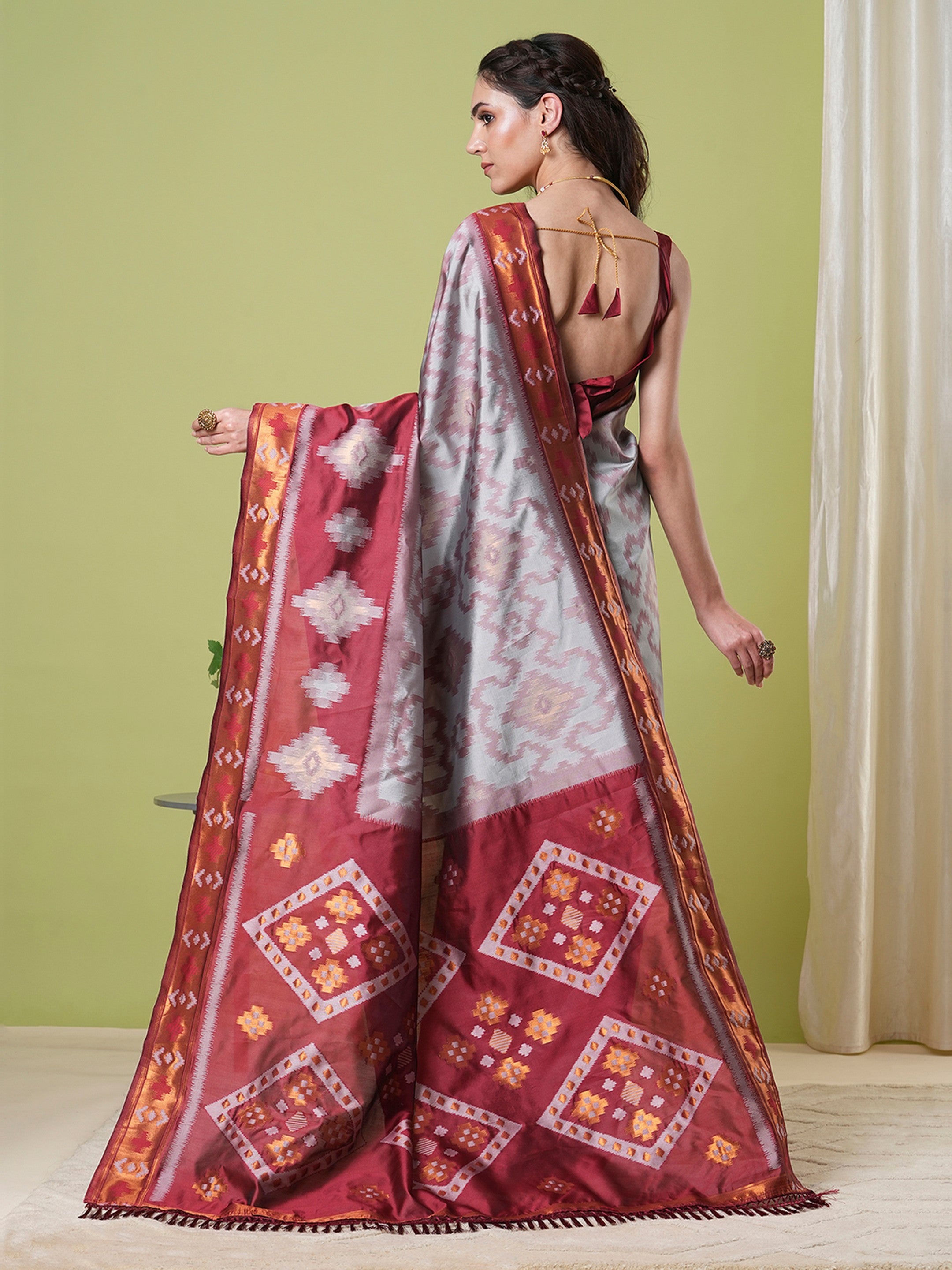 Grey Banarasi Silk Woven Jacquard Designer Saree