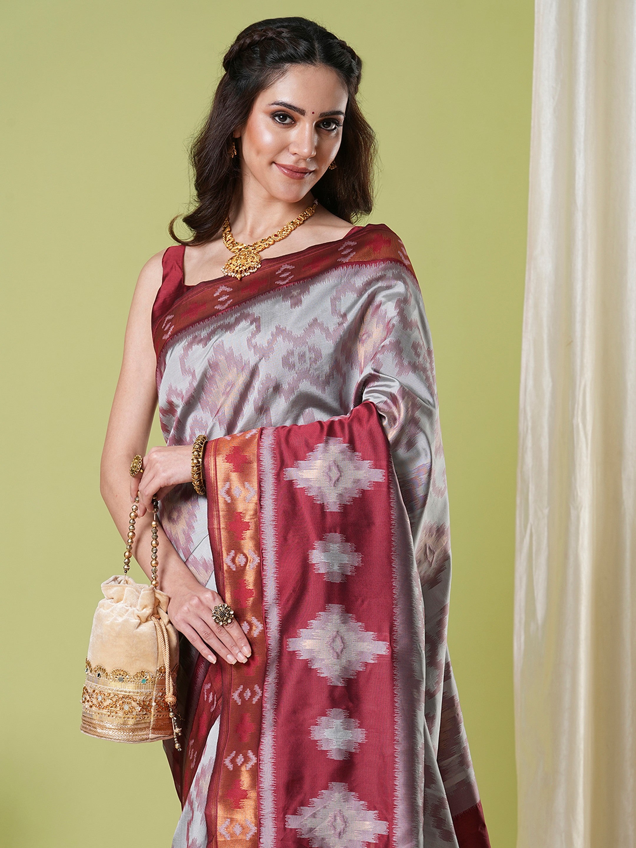 Grey Banarasi Silk Woven Jacquard Designer Saree