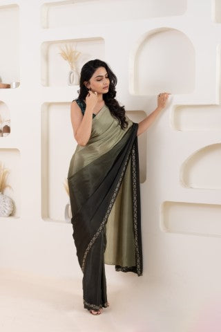 Grey Beautiful Bollywood Style Satin Fabic Ready To Wear Saree
