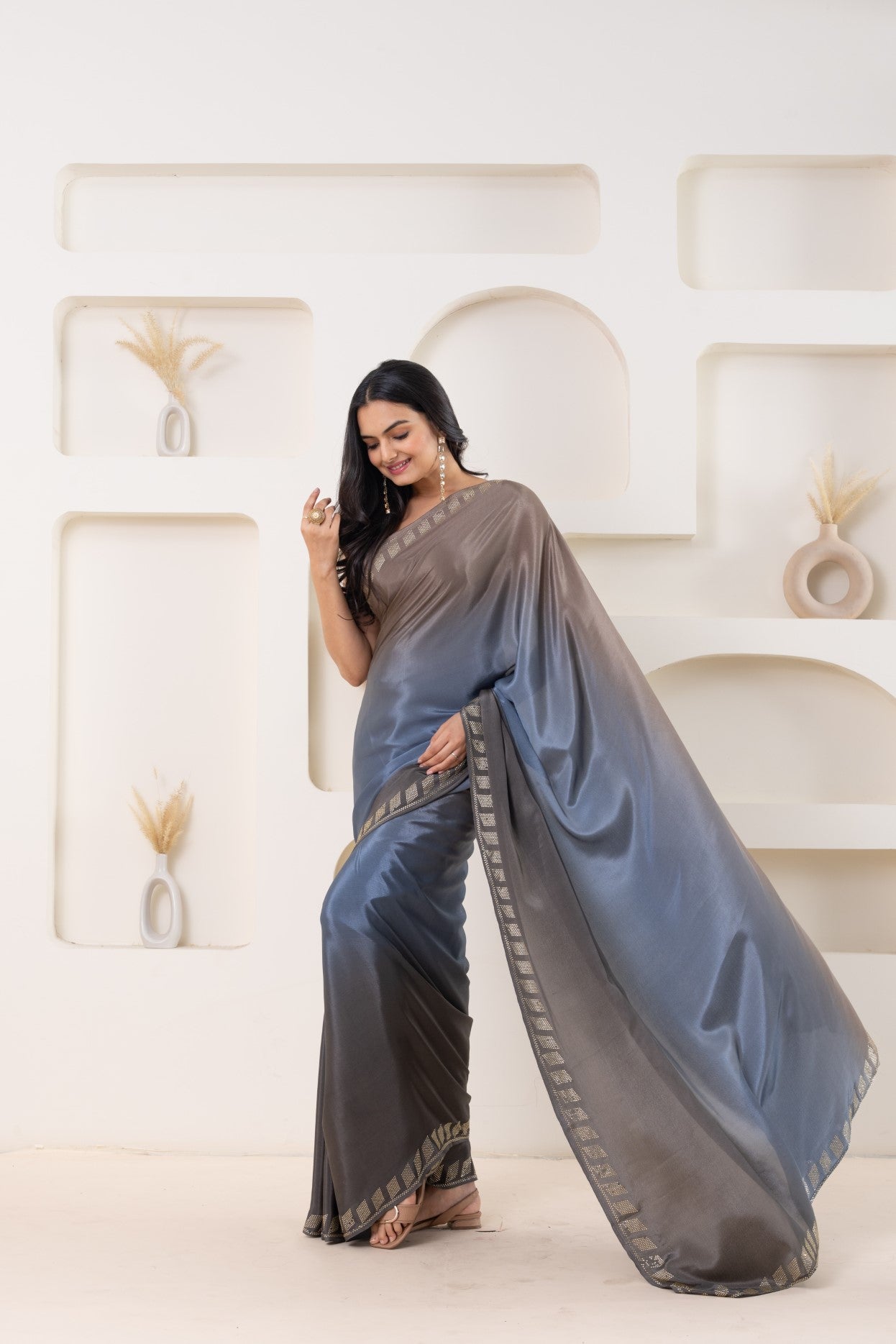 Grey Beautiful Bollywood Style Satin Fabic Ready To Wear Saree