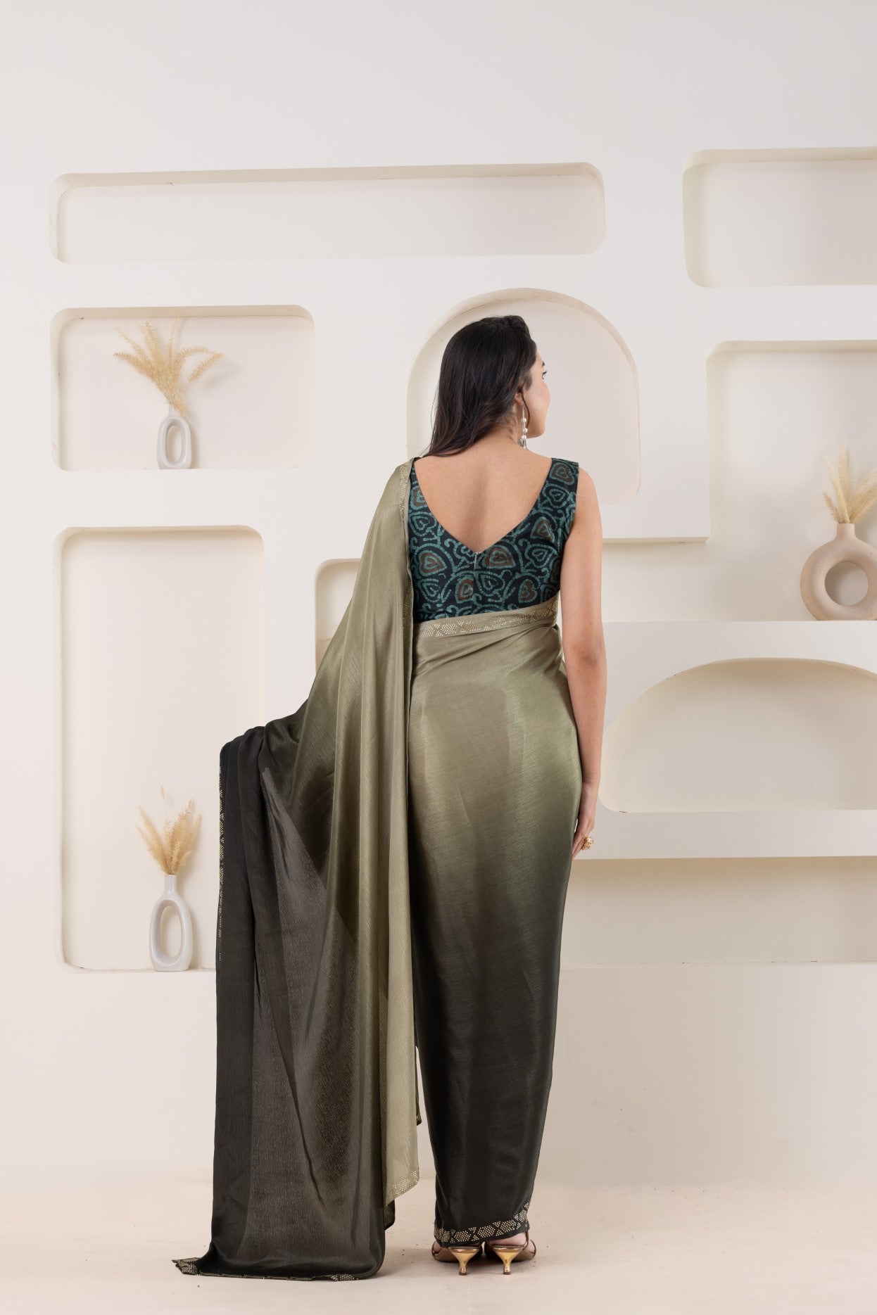 Grey Beautiful Bollywood Style Satin Fabic Ready To Wear Saree
