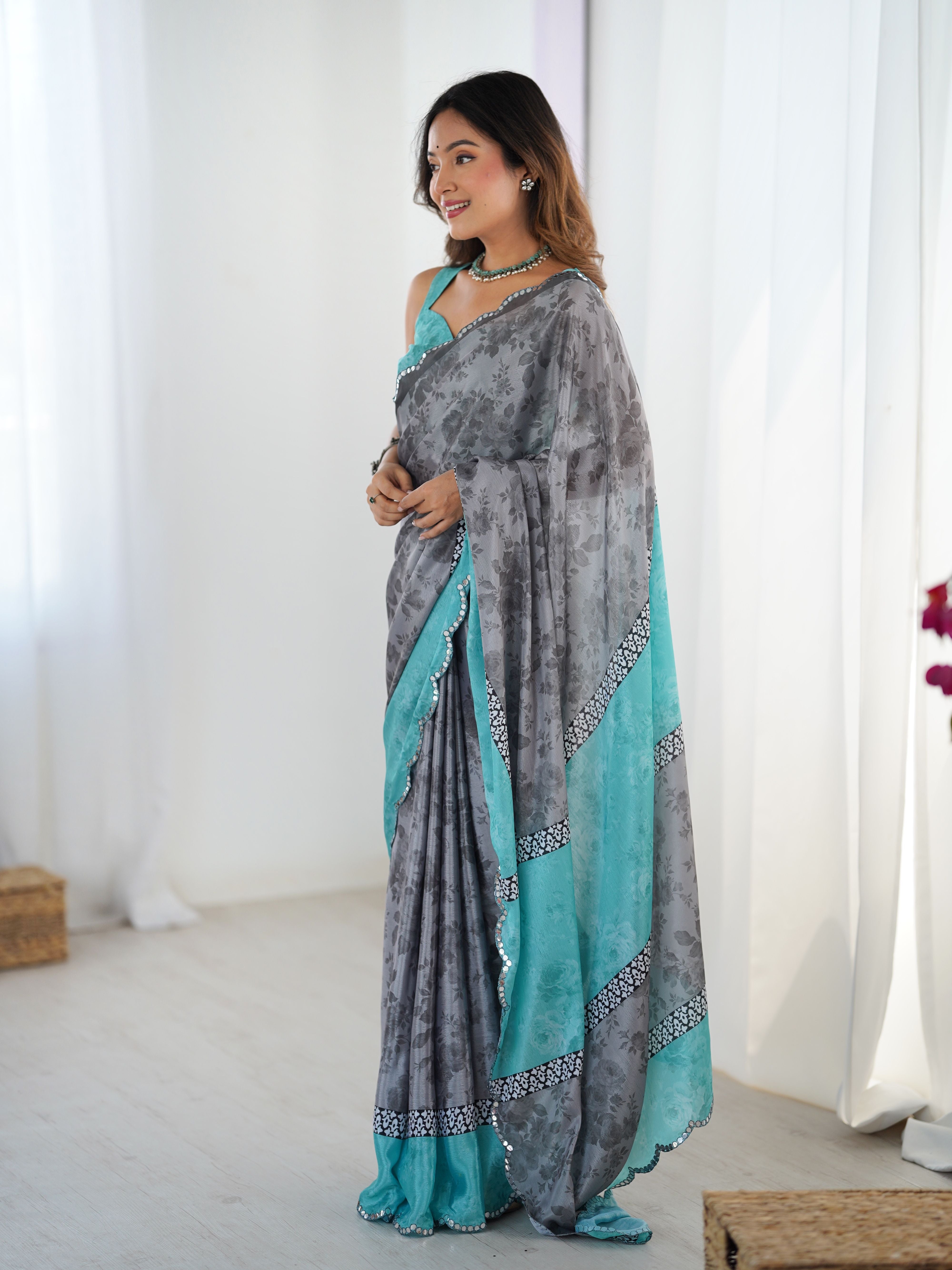 Grey Beautiful Chinon Smart Printed Festive Wear Ceremonial Saree