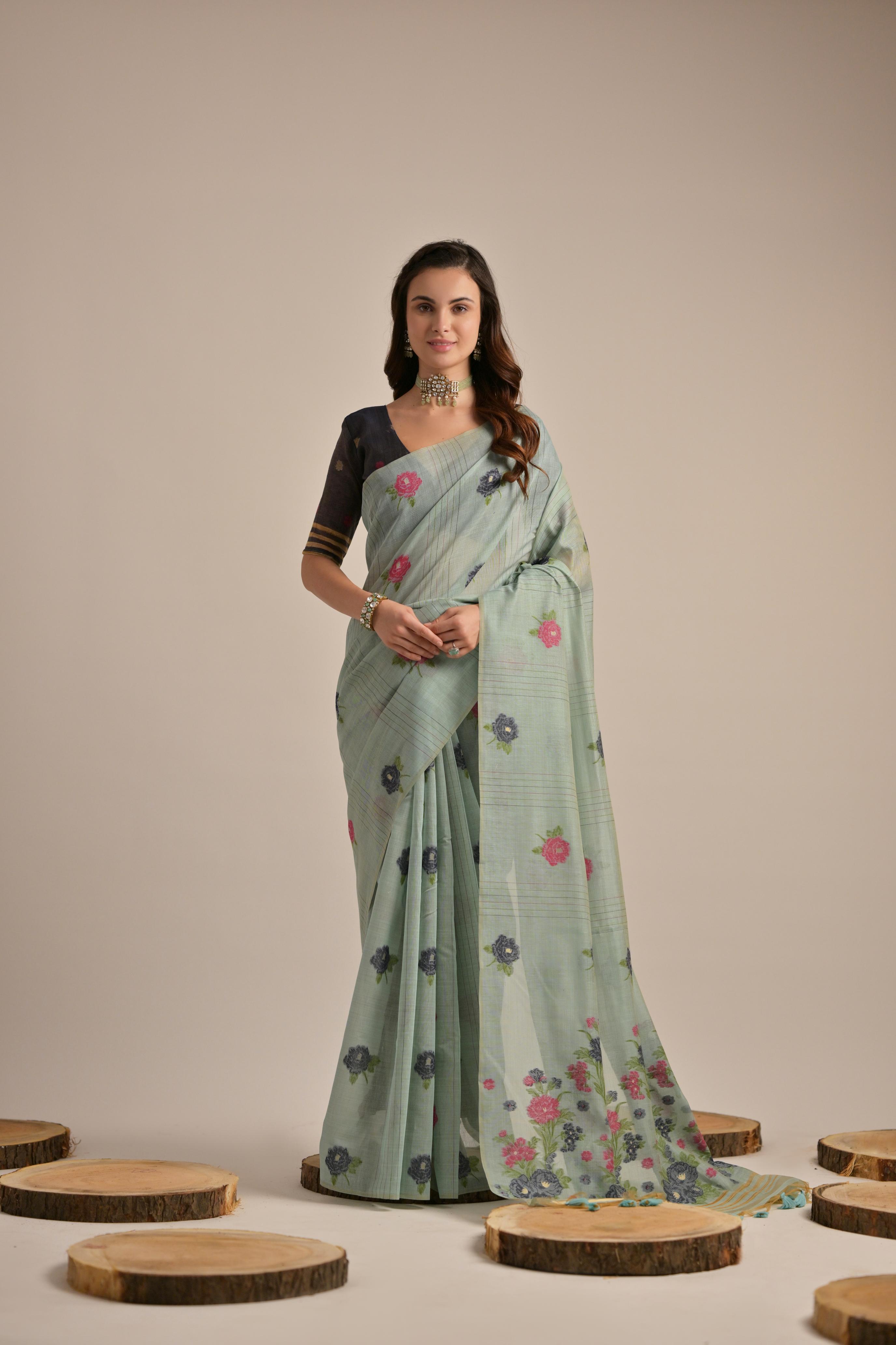 Grey Beautiful Girly Looks Multy Floral Weaving Designer Muga Cotton Saree