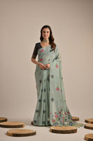 Grey Beautiful Girly Looks Multy Floral Weaving Designer Muga Cotton Saree