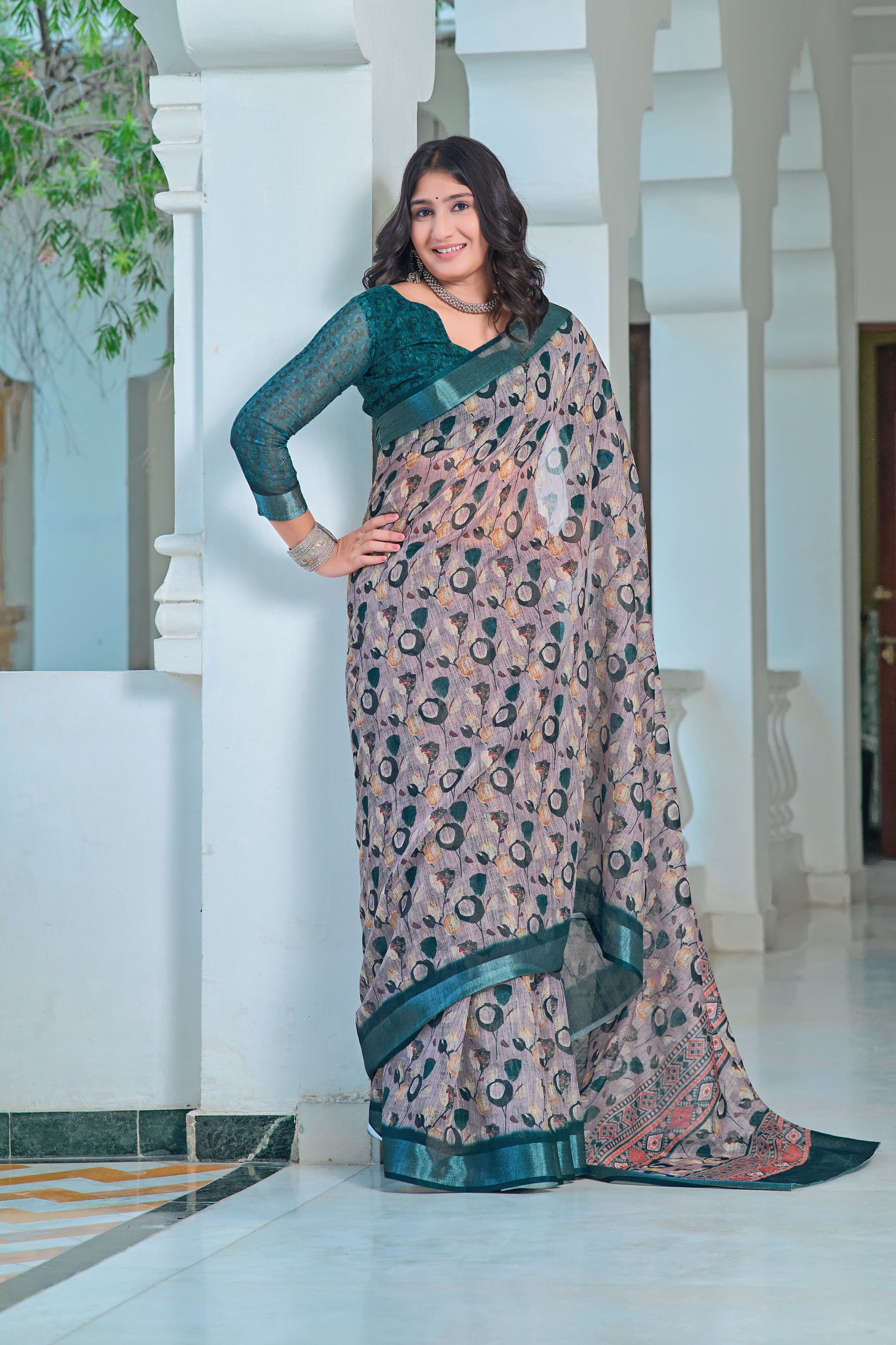 Grey Beautiful Linen Cotton Designer Festive Wear Saree