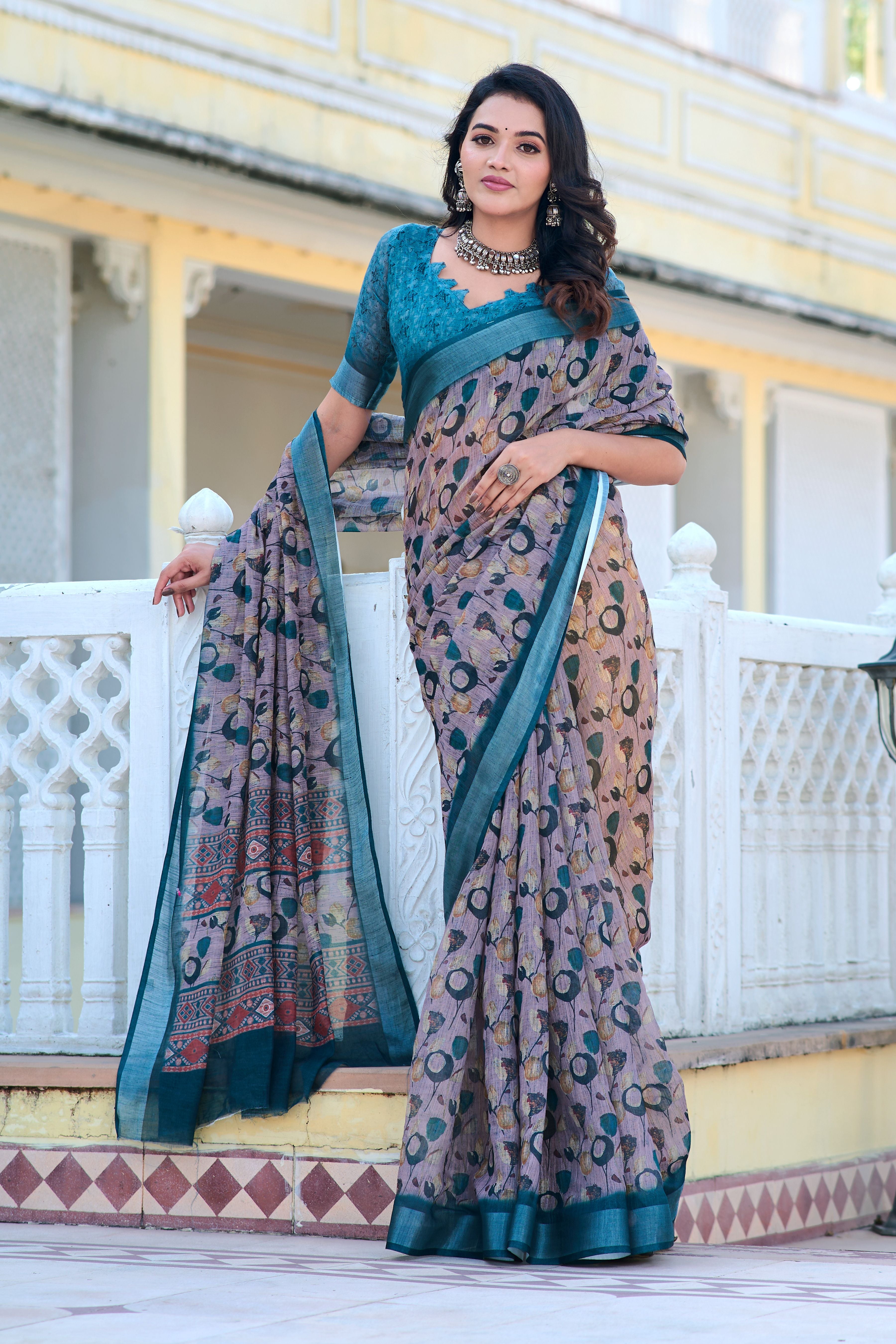 Grey Beautiful Linen Cotton Designer Festive Wear Saree