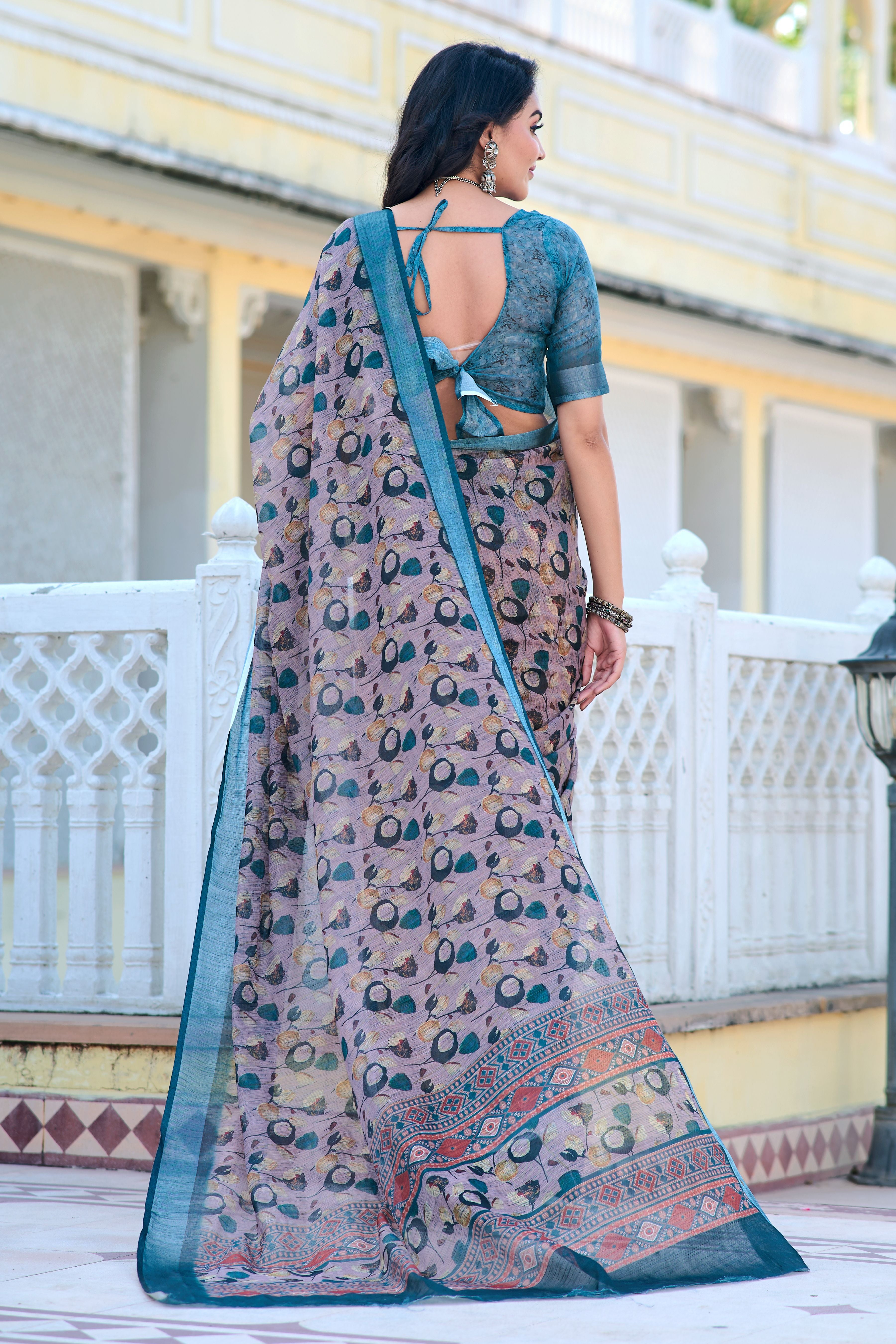 Grey Beautiful Linen Cotton Designer Festive Wear Saree